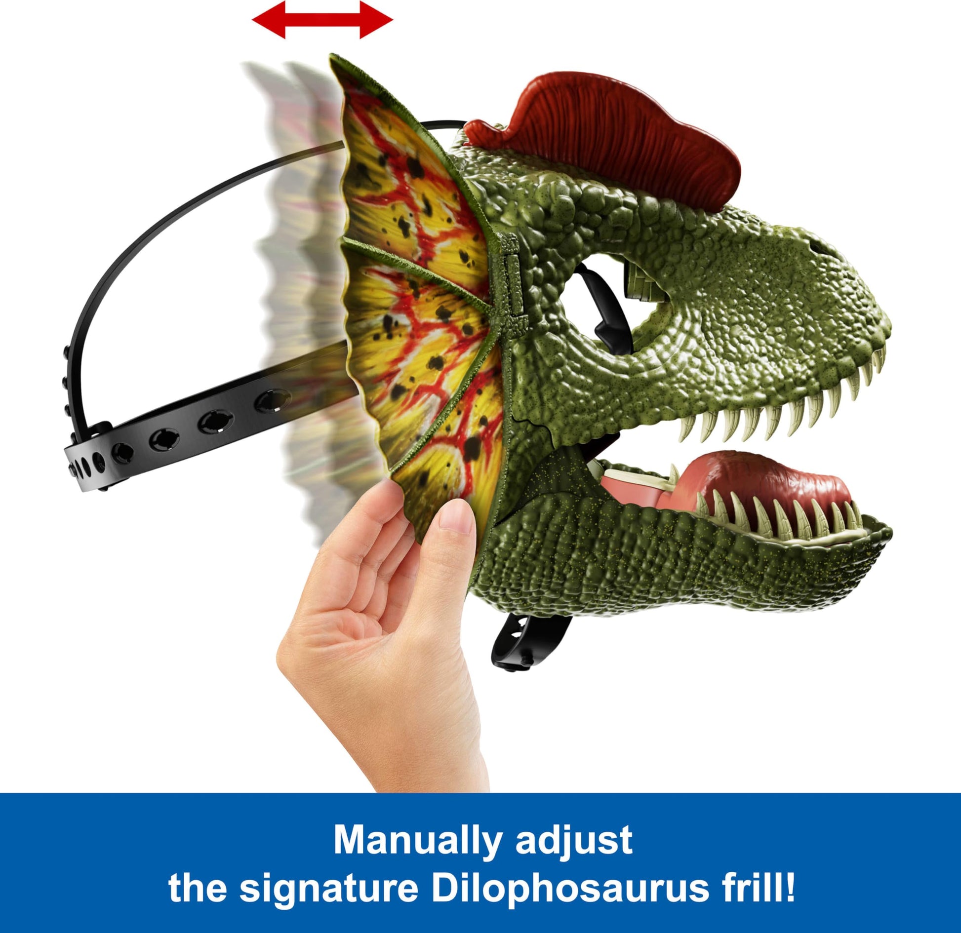 Mattel Jurassic World Dilophosaurus Role Play Mask with Venom Launchin Water Feature, Sound & Adjustable Frill, Dinosaur Costume Headgear Toy