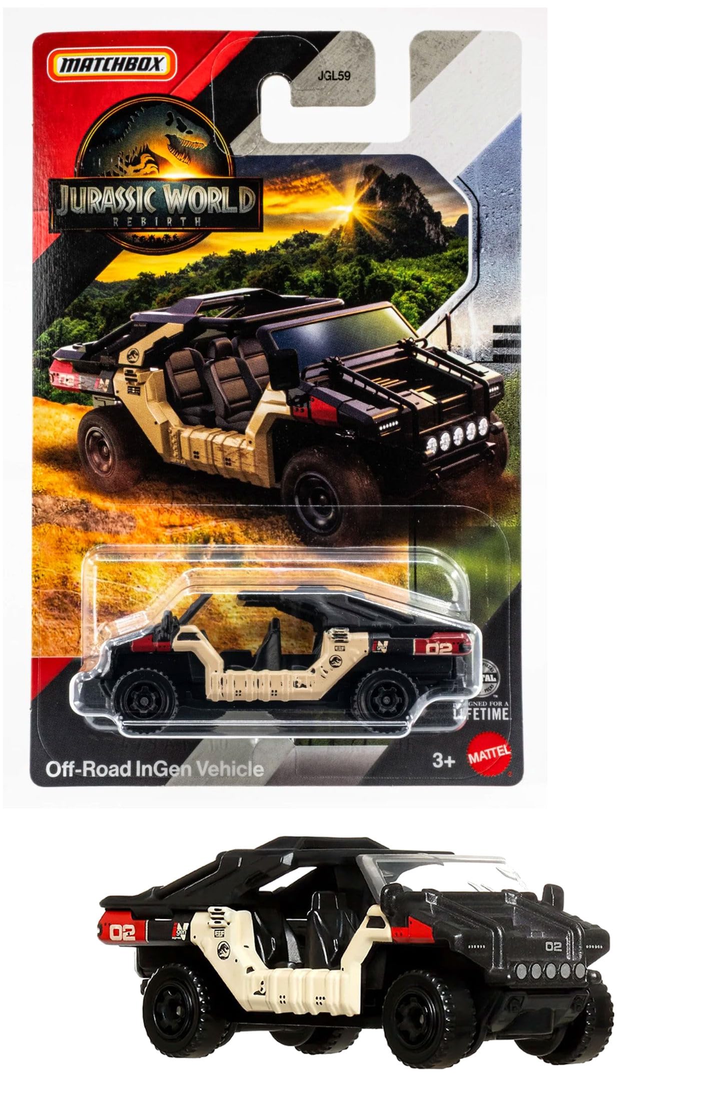 Jurassic World Rebirth Matchbox Die-Cast Vehicles, White '18 Jeep Wrangler and Off-Road Ingen Vehicle, 2-Pack, Ages 3+ JGL59-956A