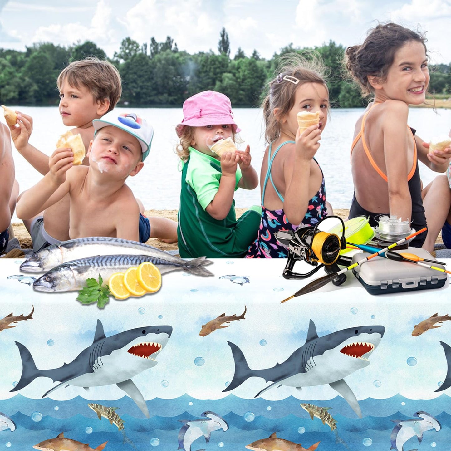 CMUSKO Shark Tablecloth, 3Pcs Shark Birthday Party Supplies Disposable Plastic Table Cover, Shark Birthday Decorations Tablecloth for Baby Shower