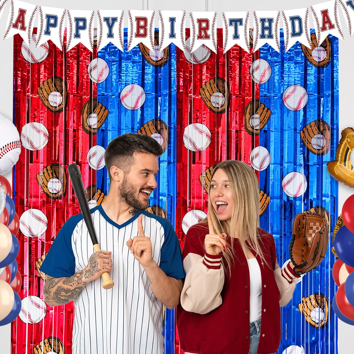 FESTFINDS 2 Pack Baseball Tinsel Foil Fringe Curtains Backdrop Party Decorations, Blue and White Red Door Streamers Banner Sports Themed Birthday