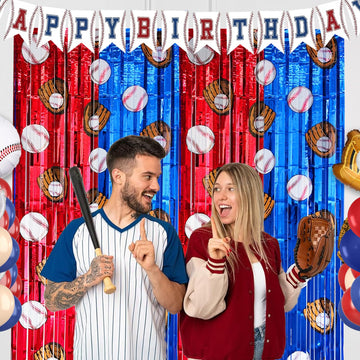 FESTFINDS 2 Pack Baseball Tinsel Foil Fringe Curtains Backdrop Party Decorations, Blue and White Red Door Streamers Banner Sports Themed Birthday