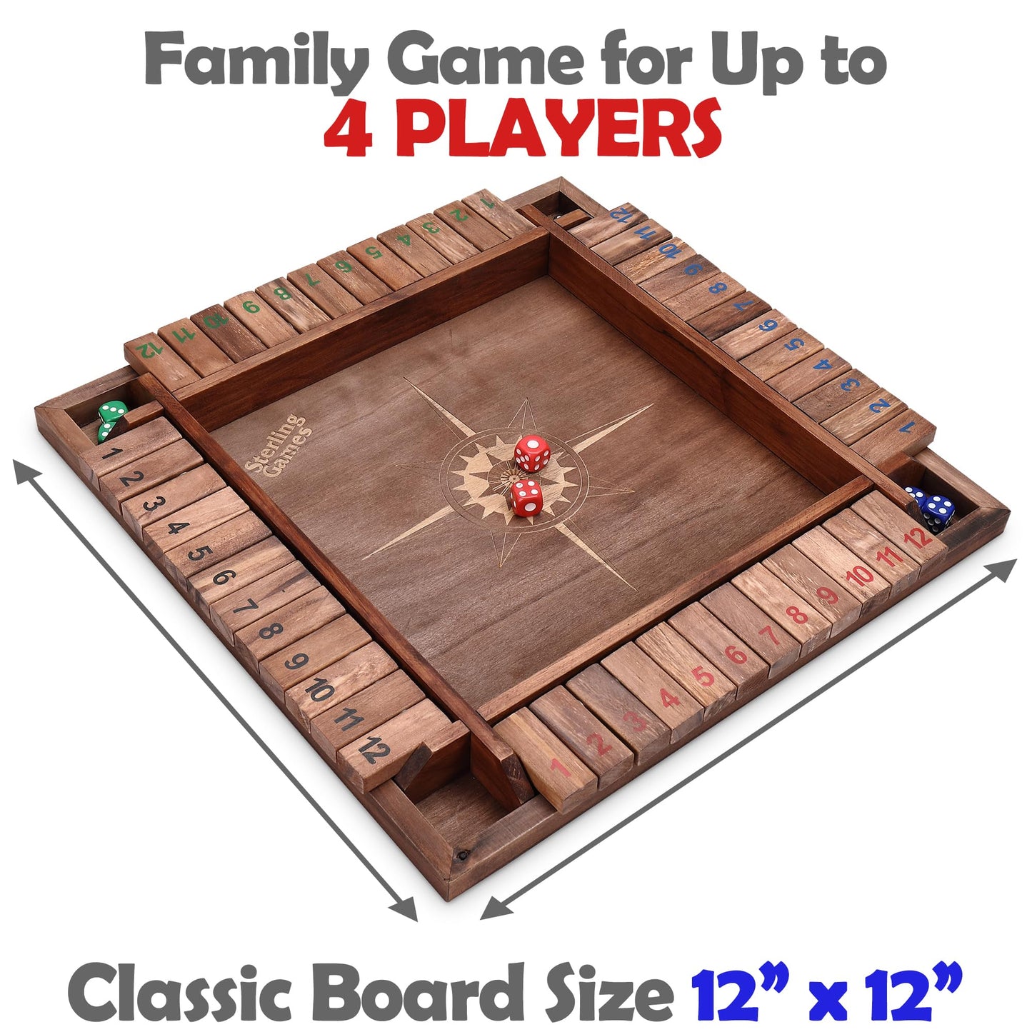 Sterling Games 12 Inches Shut The Box Game for 4 Players, Family Dice Game with 12 Numbers Box, Nautical Themed Large Wooden Game Board