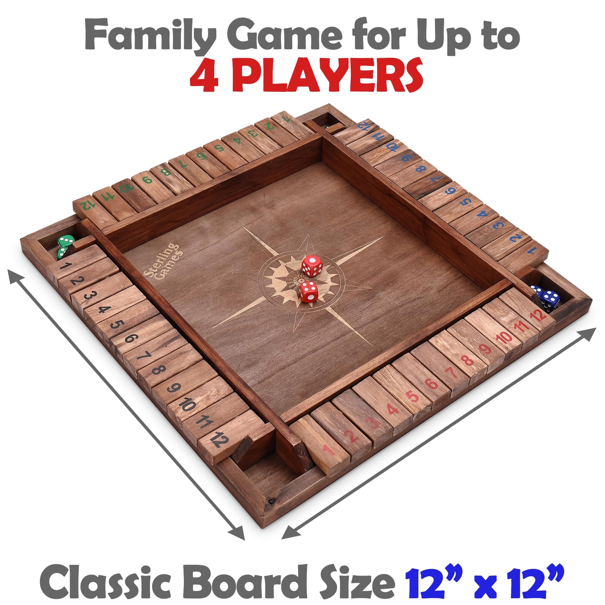 Sterling Games 12 Inches Shut The Box Game for 4 Players, Family Dice Game with 12 Numbers Box, Nautical Themed Large Wooden Game Board