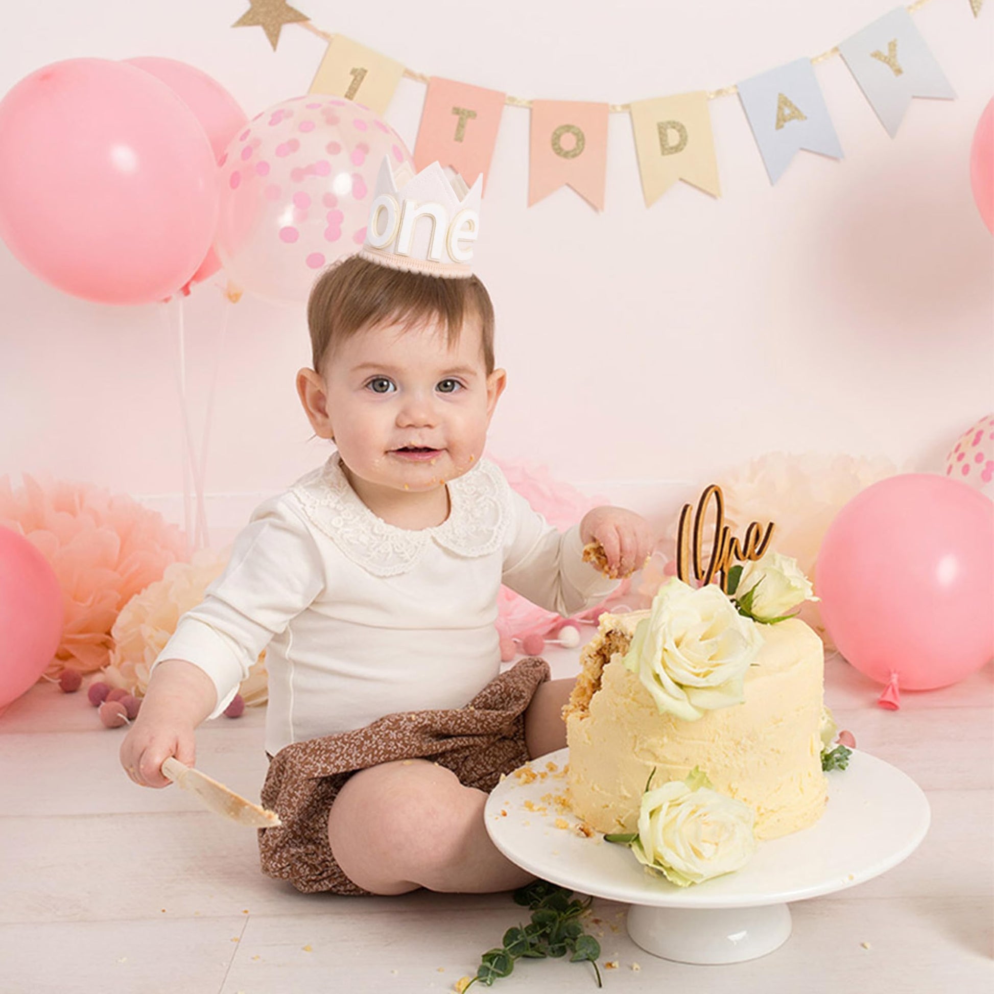 SYESQL Baby 1st Birthday Hat White - One Birthday Crown Hat, First White Hat, Cake Smash Party Hat for Boys/Girls (Baby One Crown)