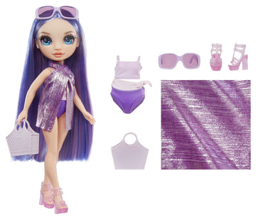 Rainbow High Swim & Style Violet, Purple 11" Fashion Doll with Shimmery Wrap to Style 10+ Ways, Removable Swimsuit, Sandals, Fun Play Accessories