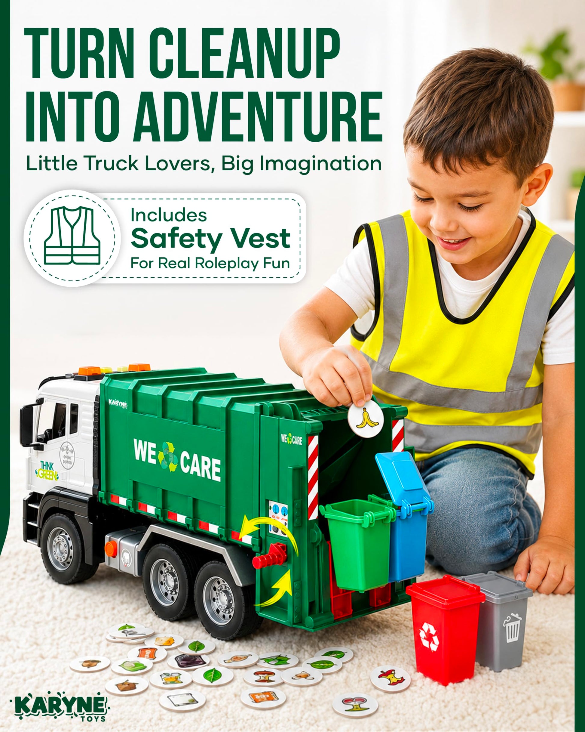 KARYNE TOYS Garbage Truck Toys for Toddlers 1-3+ Age, Includes Safety Vest, 4 Trash Bins, 40 Learning Cards with Lights & Sounds, Trash Truck Toy Set