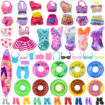 Ecore Fun 35 PCS Doll Clothes Swimwear Beach Bathing Kit Including 10 Bikini Swimsuit 2 Swimming Ring 4 Fashion Glasses 10 Pairs Shoes 1 Surf