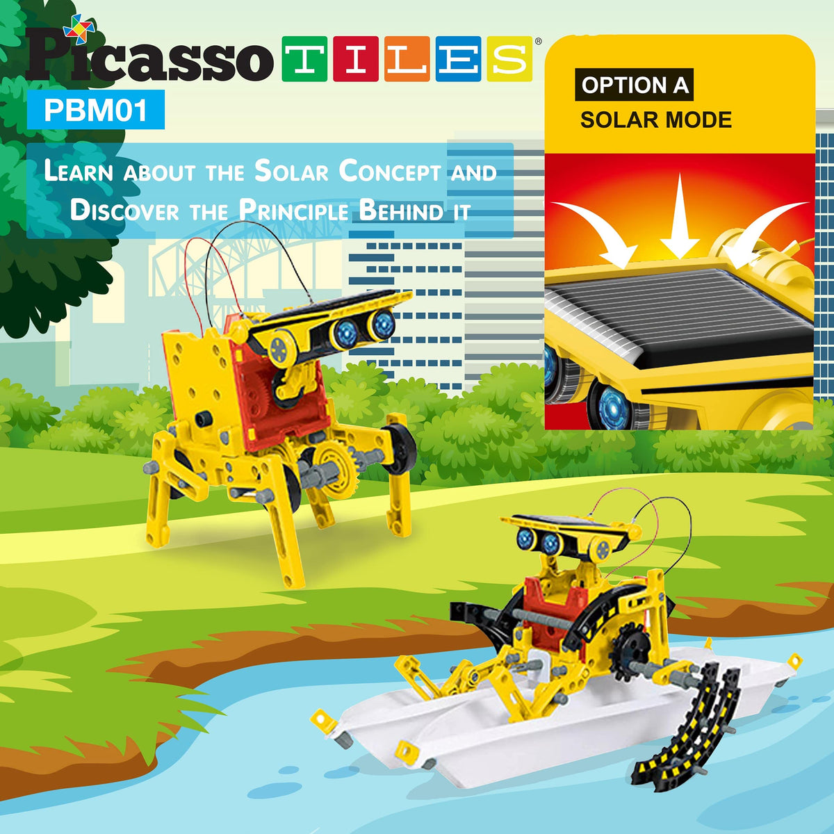 PicassoTiles 12-in-1 Solar Powered Transform Robot Set STEM Kids Educational Learning Engineering Building Toy Creative Unique Transformation Energy