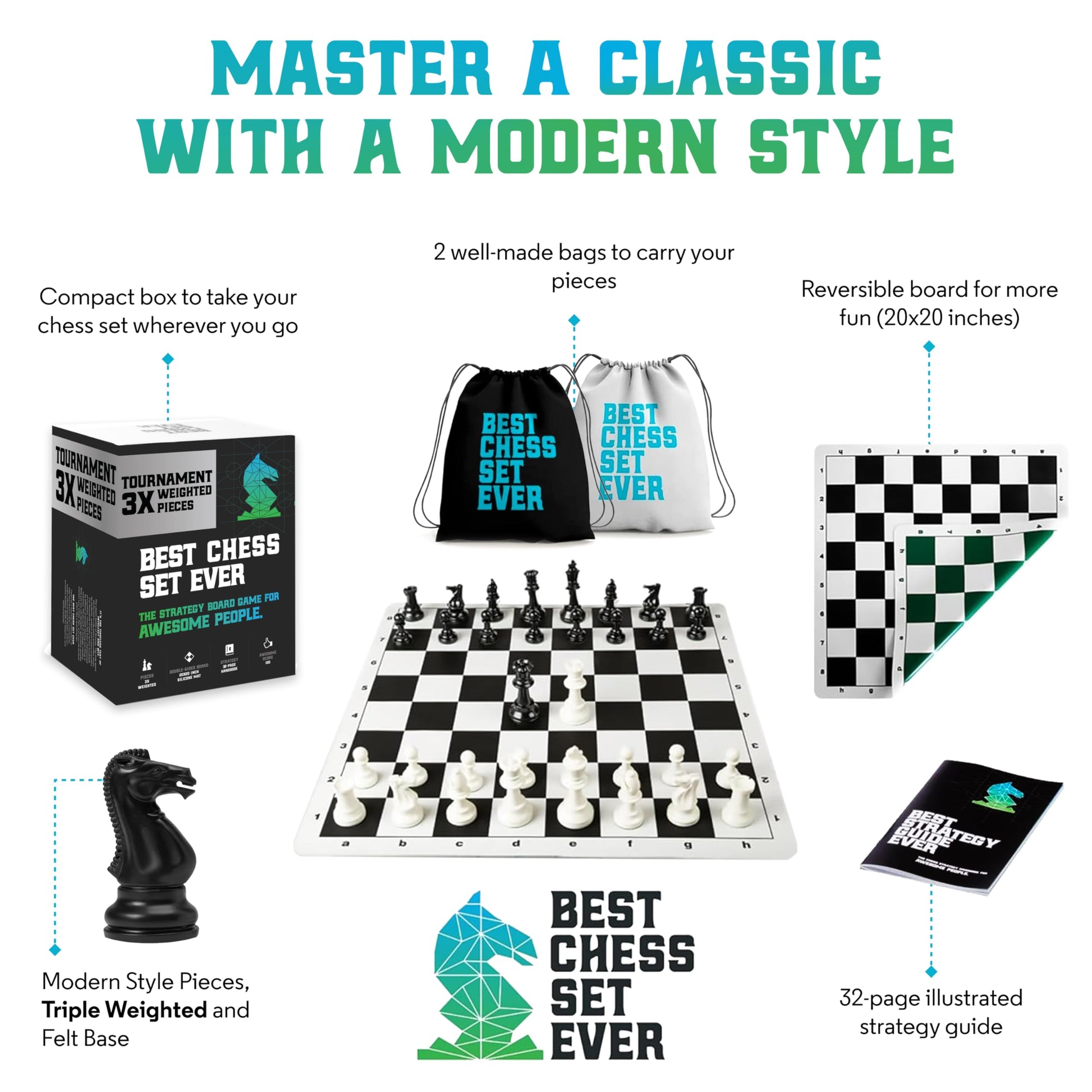 Best Chess Set Ever 3X Tournament Modern Chess Set with Weighted Staunton Pieces, 20x20 Double-Sided Silicone Board, Strategy Guide and Storage Bags