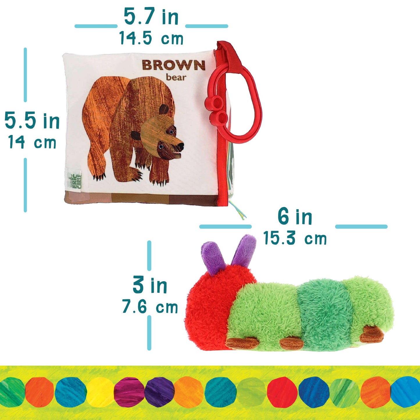 Eric Carle My First Colors Soft Book & 6" Plush Caterpillar Set - Sensory Toy with Crinkle and Teether - Ring for Car Seat and Stroller