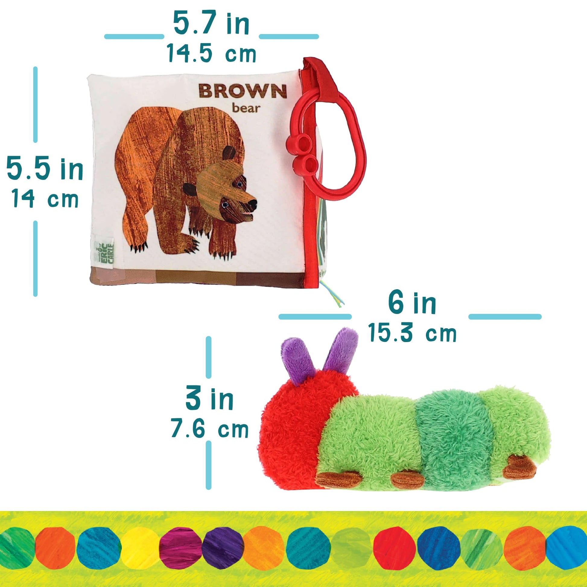 Eric Carle My First Colors Soft Book & 6" Plush Caterpillar Set - Sensory Toy with Crinkle and Teether - Ring for Car Seat and Stroller