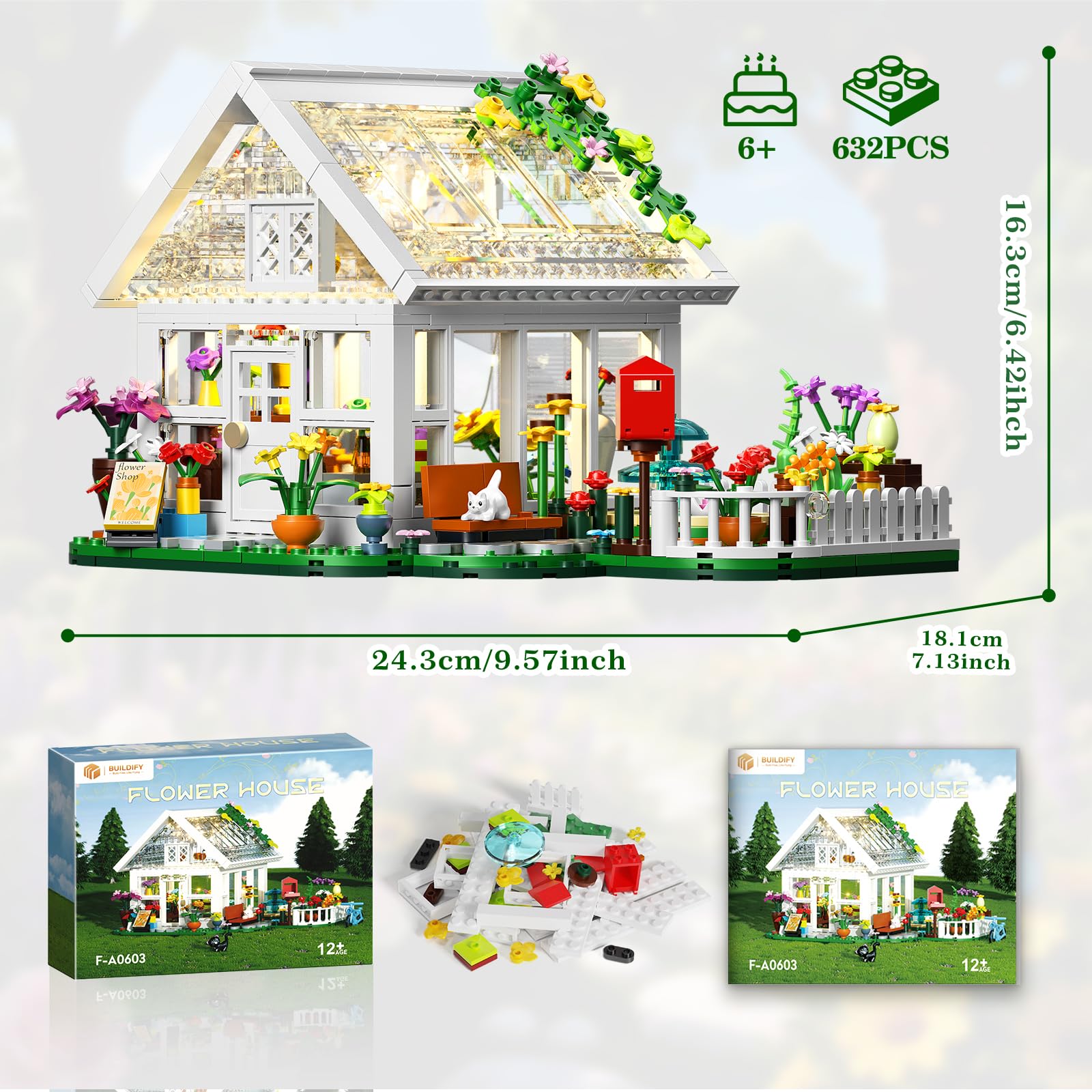 BUILDIFY Flower House Building Set with LED Light, Creative Greenhouse Building Toy Kits, Garden House City Street View Playset, Christmas Birthday