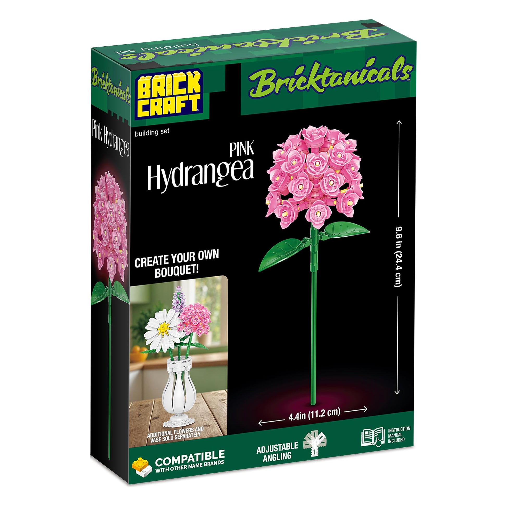 Brickcraft Botanicals Pink Hydrangea Flower Building Bricks Set - Compatible Building Blocks Kit for Adults & Kids - DIY Botanical Collection Home