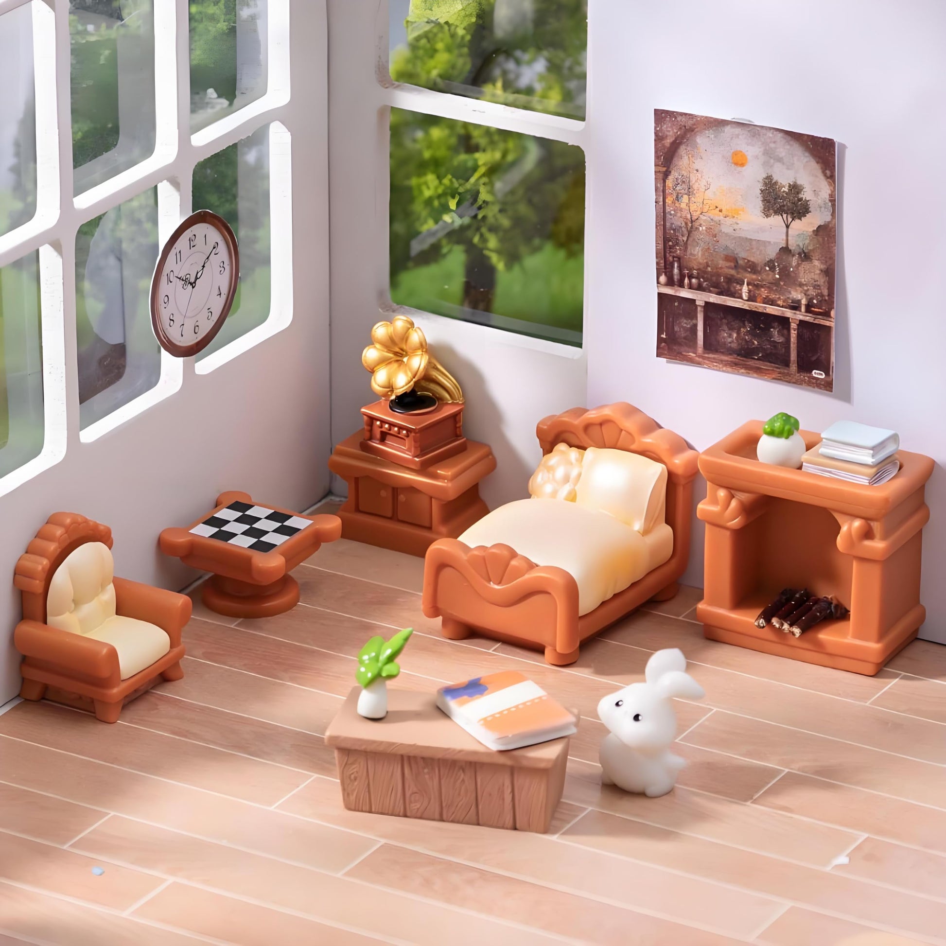 5-Piece Brown Dollhouse Furniture Kit - DIY Decoration Accessories Set, Living Room, Bedroom Furniture (Bed, Sofa, Record Player, Fireplace