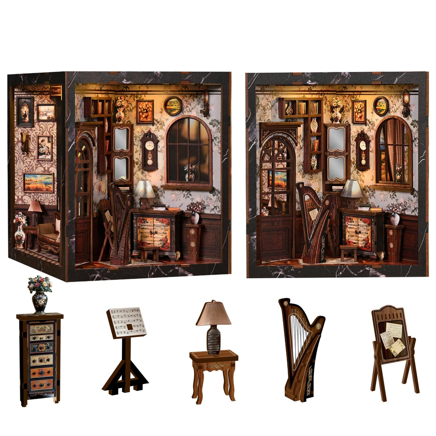 Book Nook Kit for Adults, DIY 3D Wooden Puzzle Booknook Kit with LED Sensor Light, Four Sides DIY Book Nook Kit, Crafts Bookshelf Decoration Gift