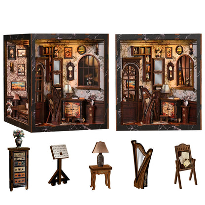 Book Nook Kit for Adults, DIY 3D Wooden Puzzle Booknook Kit with LED Sensor Light, Four Sides DIY Book Nook Kit, Crafts Bookshelf Decoration Gift