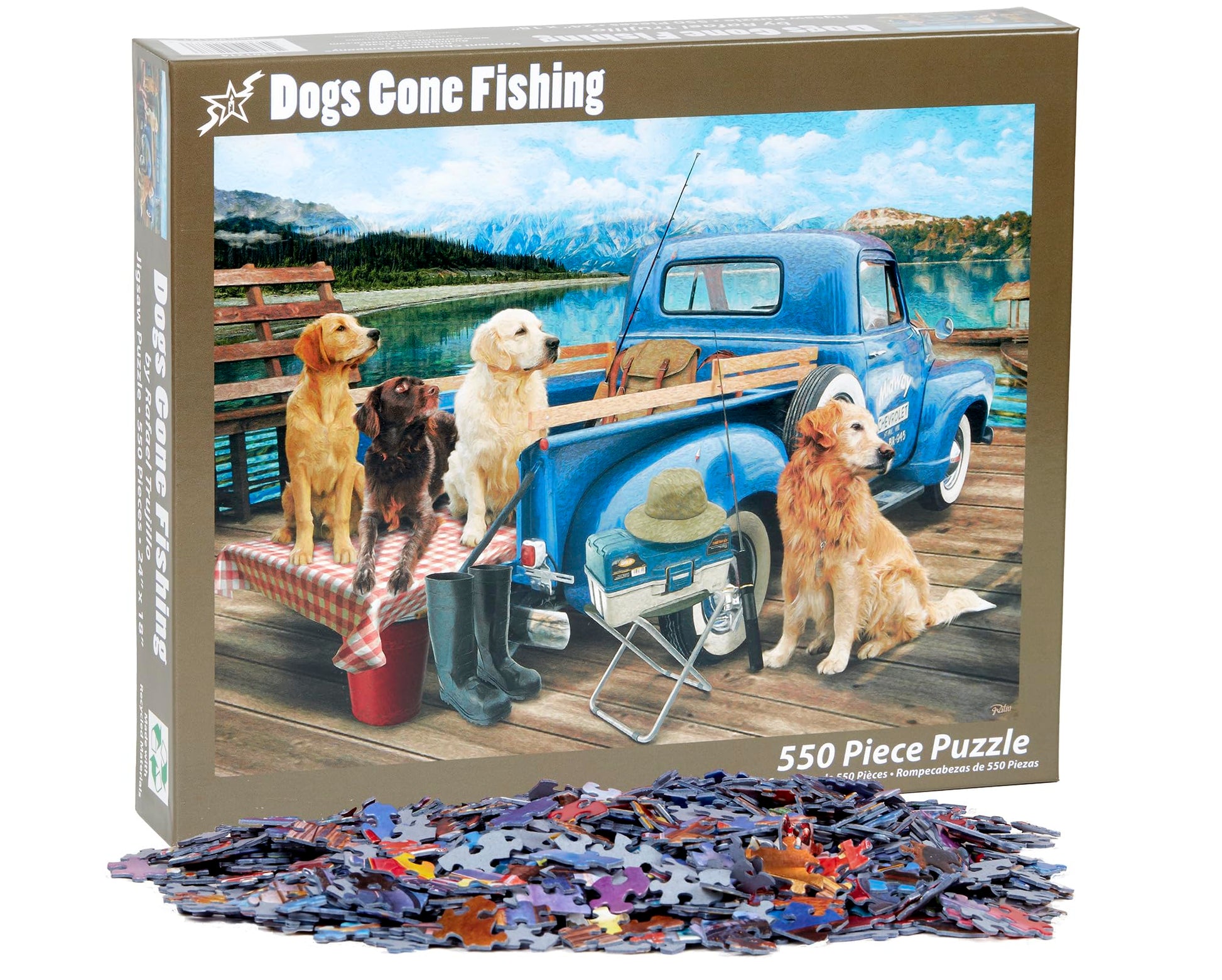 Vermont Christmas Company Dogs Gone Fishing Jigsaw Puzzle - 550 Piece Dog Puzzle for Adults & Families - Cute Puzzles of Dogs with Durable, Fully