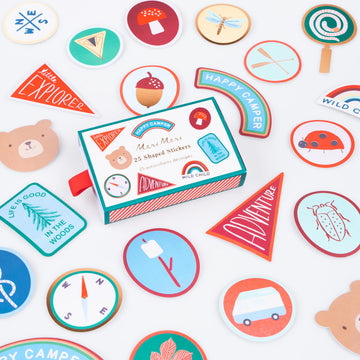 Meri Meri Outdoor Adventures Stickers (Pack of 25), Camping and Birthday Party Favors, Decorative Stickers, Matchbox-Style Box, Easy Peel Back, Ages