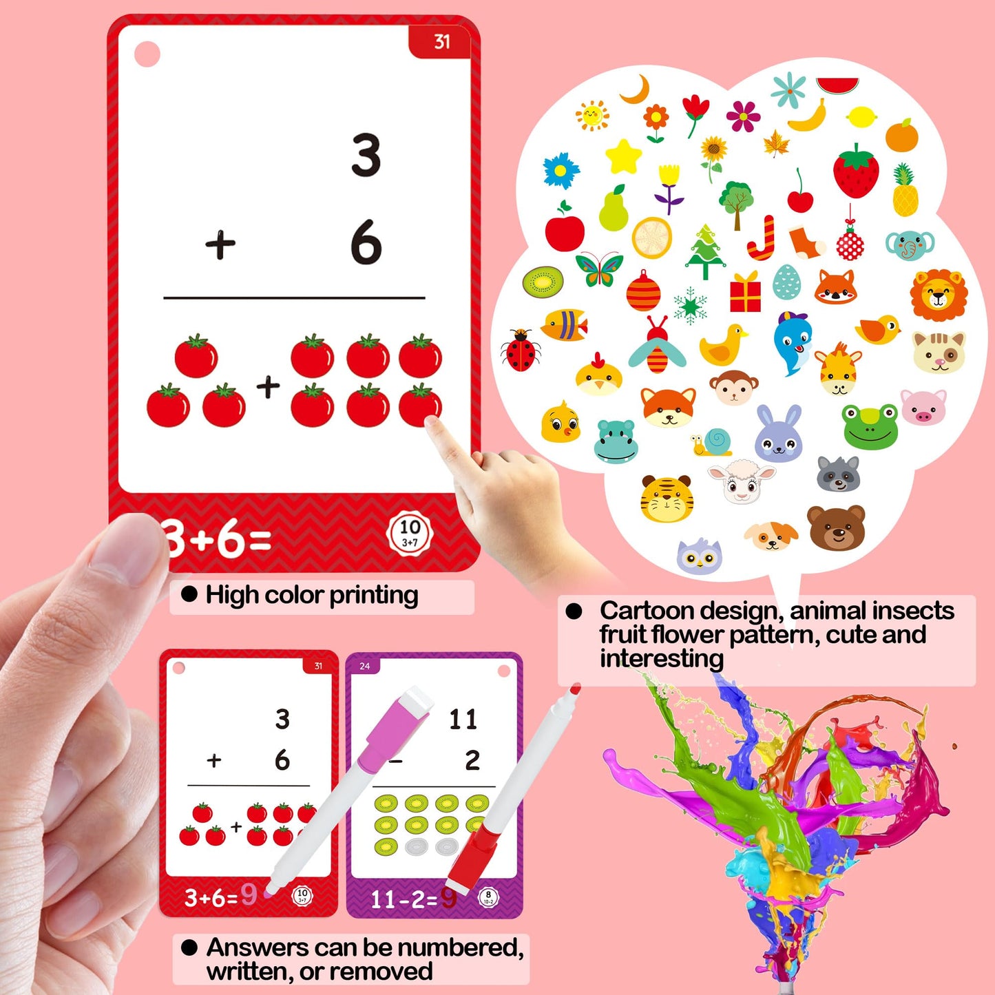 220Cards, 424Pictures Educational Math Flash Cards, Addition Subtraction Multiplication Division Flash Cards, for 7,8,9,10,11Years, 2ed, 3rd,4th,5th