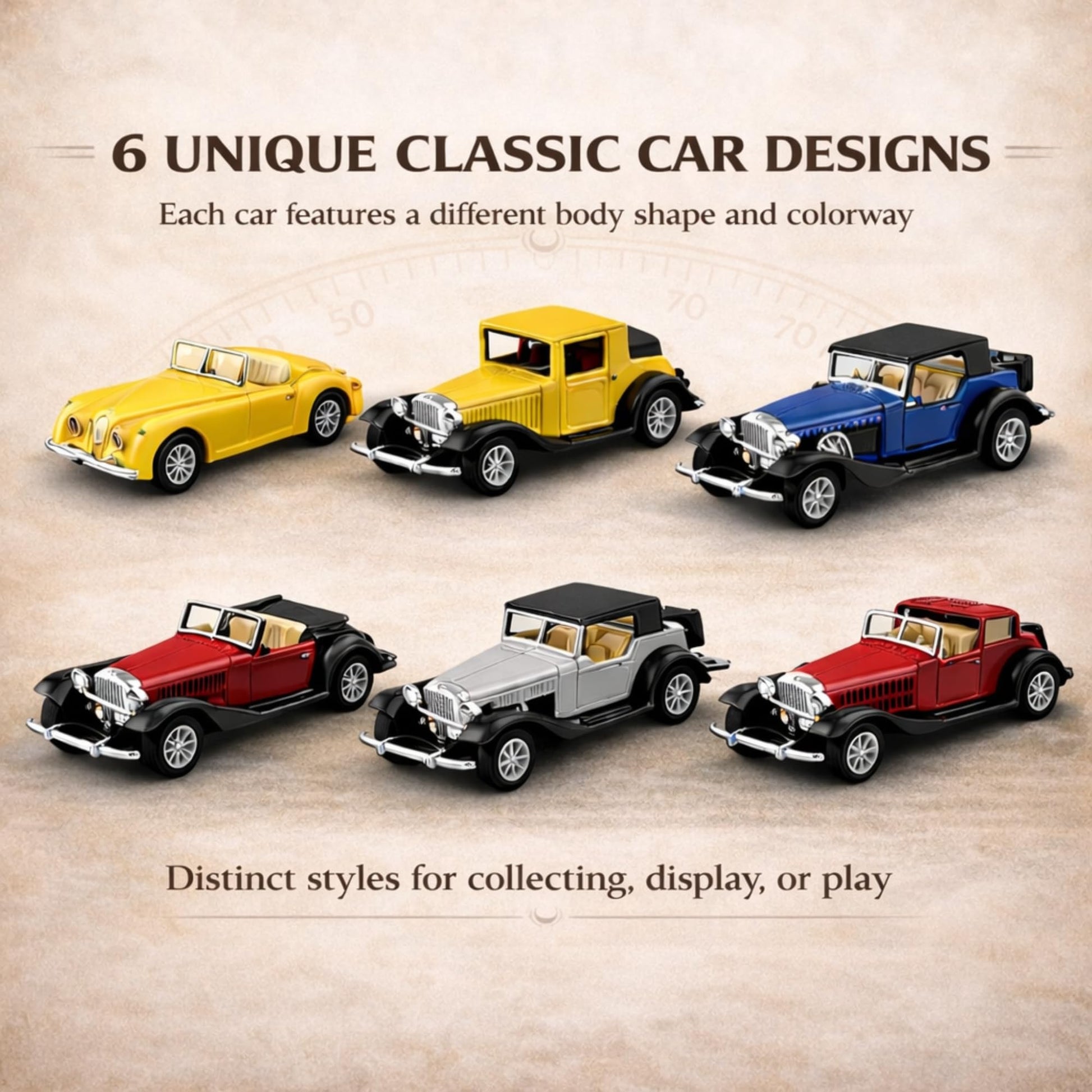 6 Pack - Diecast Cars Antique Classic American Vehicles with Pullback Action and Openable Doors, Collectible Vintage Retro Model Cars Toy for Display
