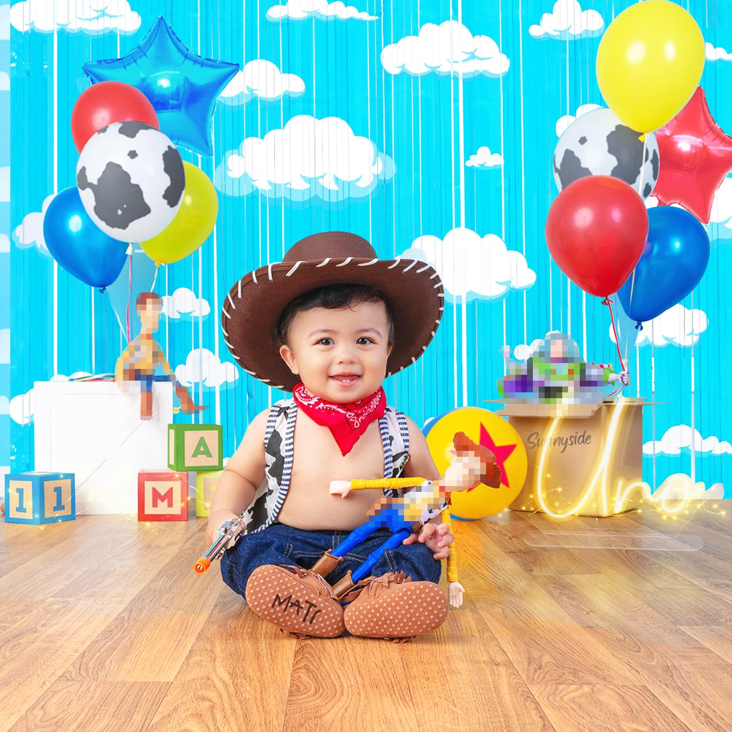 Cartoon Toy Inspired Story Birthday Party Decoration, 2 Pack Story Party Photo Booth Prop, Blue Sky White Cloud Fringe Curtains Tinsel Photo Streamers