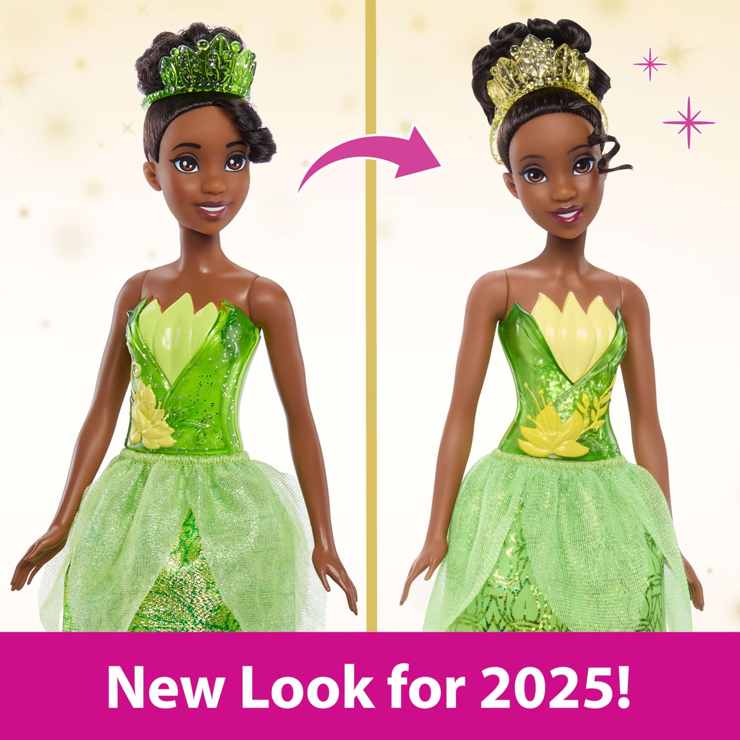 Mattel Disney Princess Tiana Doll in Sparkling Fashion with Removable Skirt, Tiara and Shoes, Posable & Collectible, Inspired by Movie