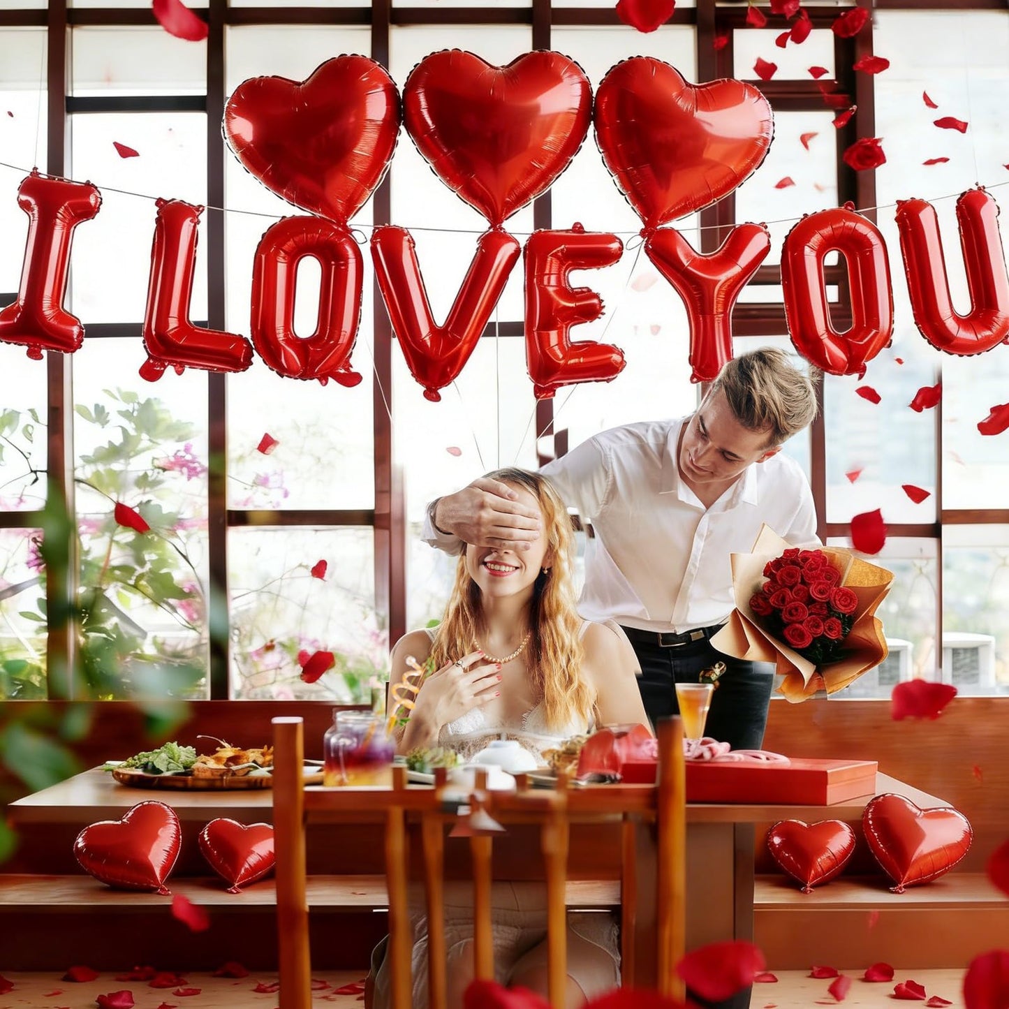 I Love You Balloons and Heart Balloons with 500 Pieces Rose Petals, Foil Mylar Love Balloon for Him/Her Wedding Anniversary Engagement Valentine Day