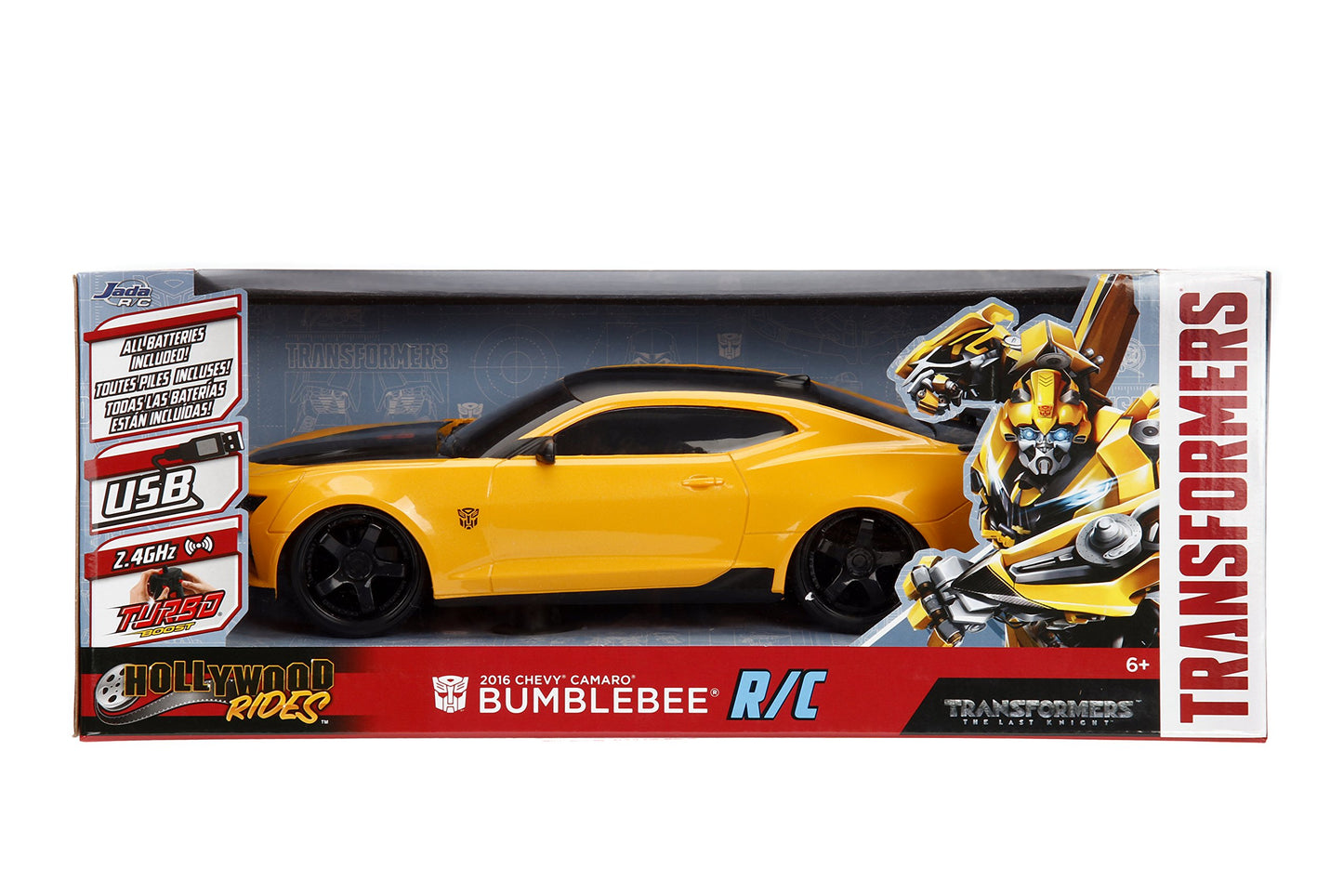Jada Toys Transformers The Last Knight Bumblebee 2016 Chevy Camaro RC Car, 1:16 Scale Remote Control Vehicle, Yellow & Black (30332)