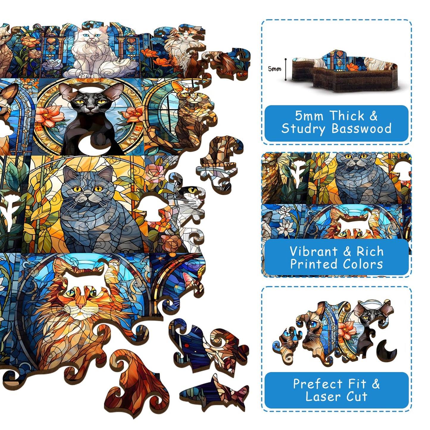 Cat Wooden Puzzles for Adults 180 Pieces, Stained Glass Puzzle,Colorful Kitty Kitten Collage, Hard Difficult Impossible Challenging Jigsaw Puzzles