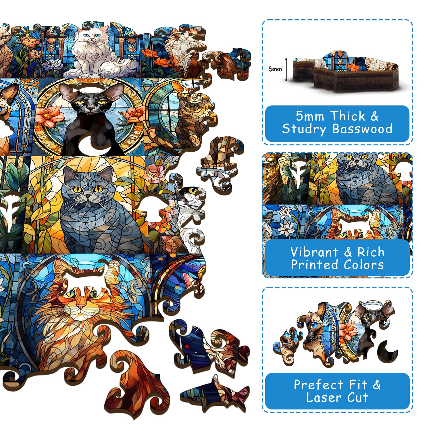 Cat Wooden Puzzles for Adults 180 Pieces, Stained Glass Puzzle,Colorful Kitty Kitten Collage, Hard Difficult Impossible Challenging Jigsaw Puzzles