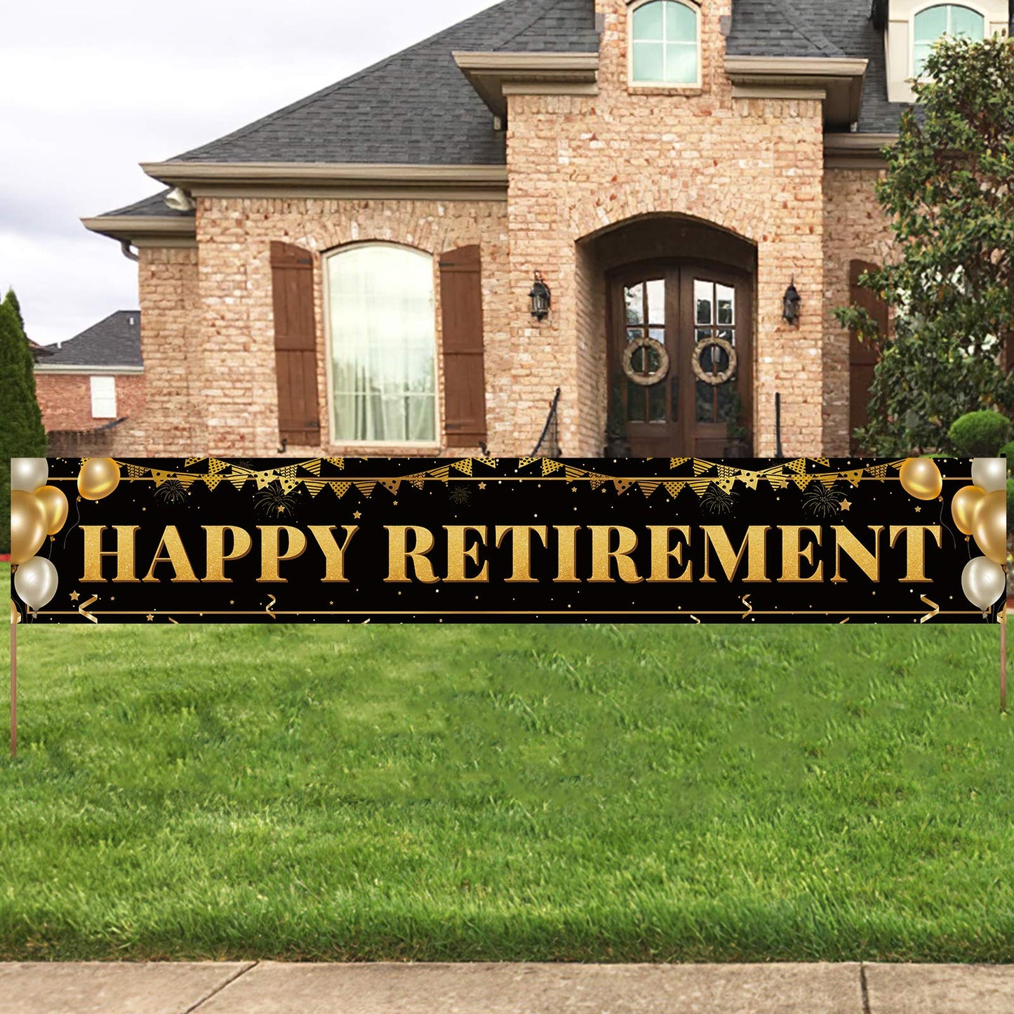 ANATANOWOR Large Happy Retirement Banner, Black and Gold Retirement Banner Sign, Party Decorations Supplies (9.8x1.6ft)