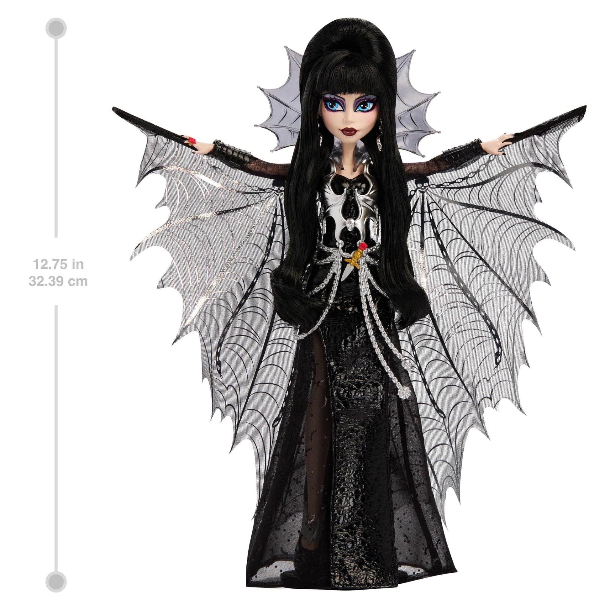 Monster High Doll, Elvira, Mistress of the Dark Collectible in Black Faux Leather Dress with Silvery Batwing Cape and Premium Accessories