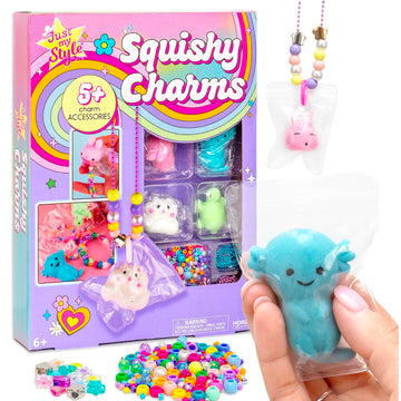 Just My Style Squishy Charms, Create 5 Squishy Bag Charms, Necklaces, Friendship Bracelets with Kawaii TPR Squishies in Pouches & Beads for Jewelry