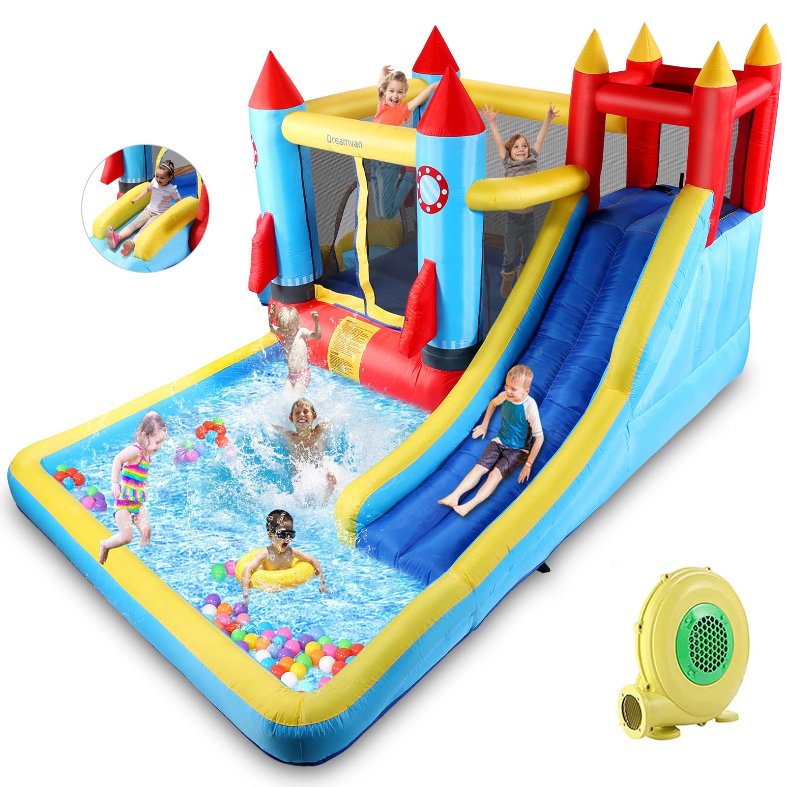 HYPOAI Bounce House,Inflatable Bounce Castle with Blower for Kids 3-12,Outdoor/Indoor Bouncy House Water Park for Backyard with 2 Splash