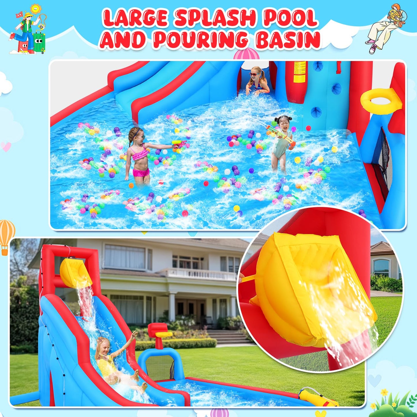 AKEYDIY Bounce House Water Slide for Kids 3-12 - Outdoor/Indoor Inflatable Water Slide with Slides Backyard, Dump Bucket, Climbing Wall, Splash Pool