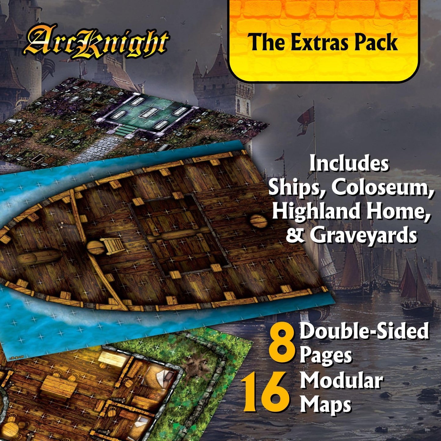 Arcknight The Extras Pack Roleplaying Battlemaps; 16 Modular RPG Maps in 8 Double-Sided Pages, 1" Square Grid, Modular & Versatile Design for Tabletop