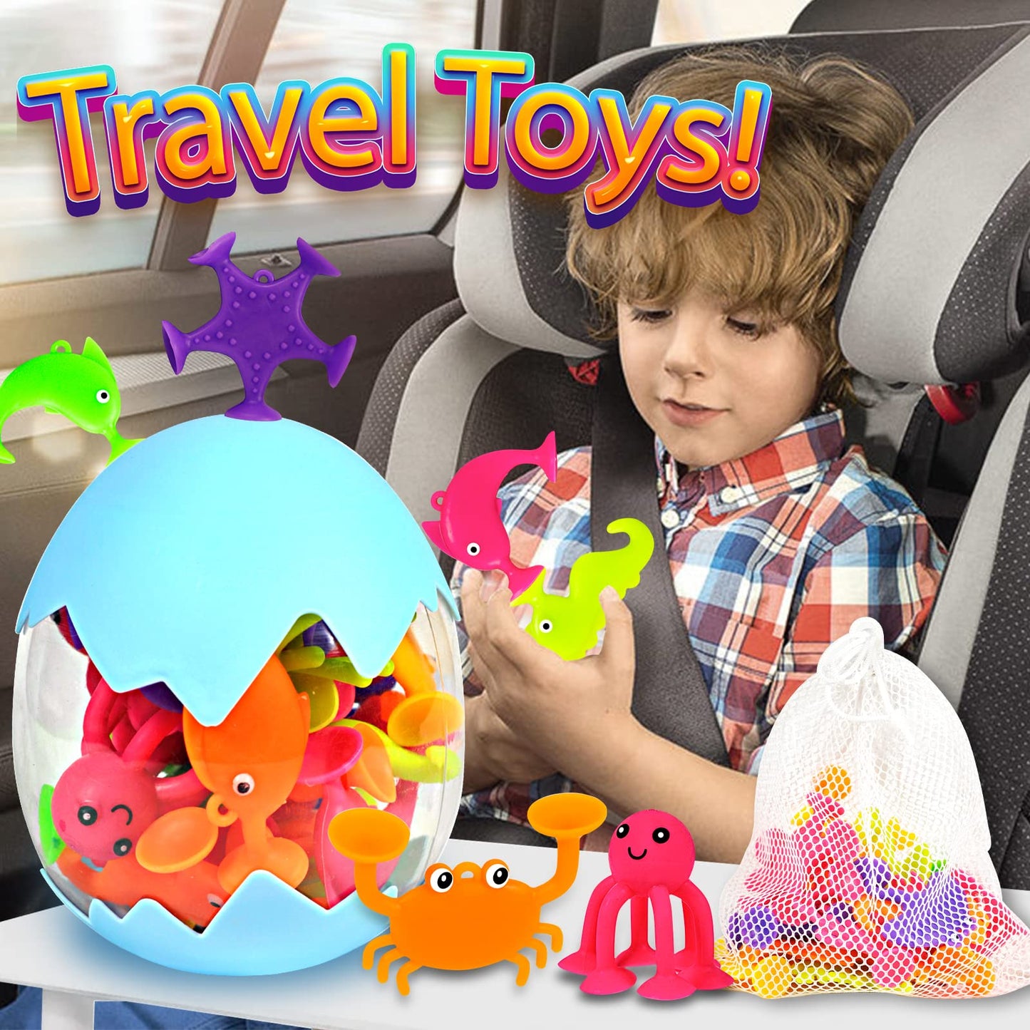 Suction Bath Toys for Kids, 18 Pcs Ocean Animal Suction Cup Toys with Eggshell & Bag, No Hole Mold Free Bath Toy, Sensory Window Building Toys