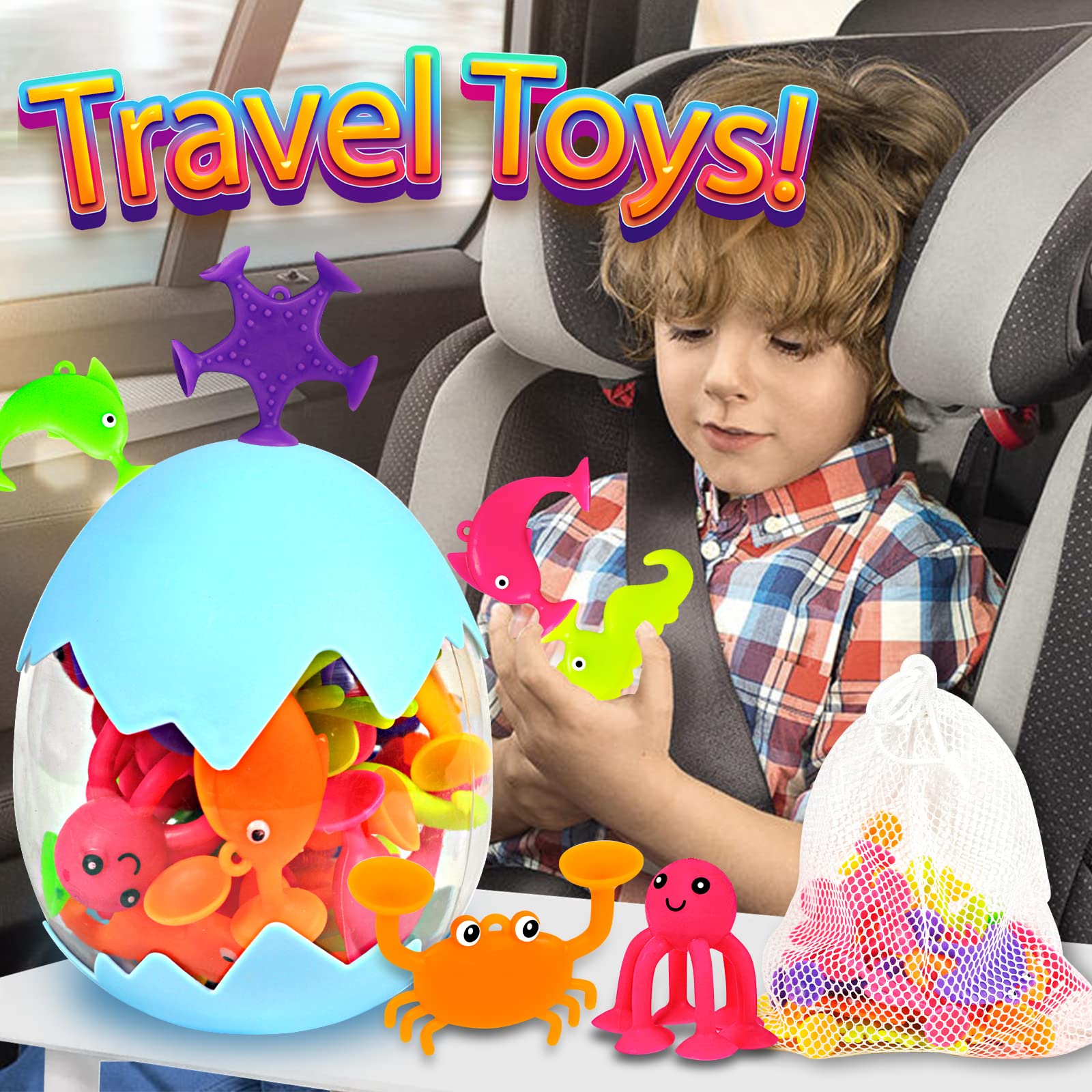 Suction Bath Toys for Kids, 18 Pcs Ocean Animal Suction Cup Toys with Eggshell & Bag, No Hole Mold Free Bath Toy, Sensory Window Building Toys