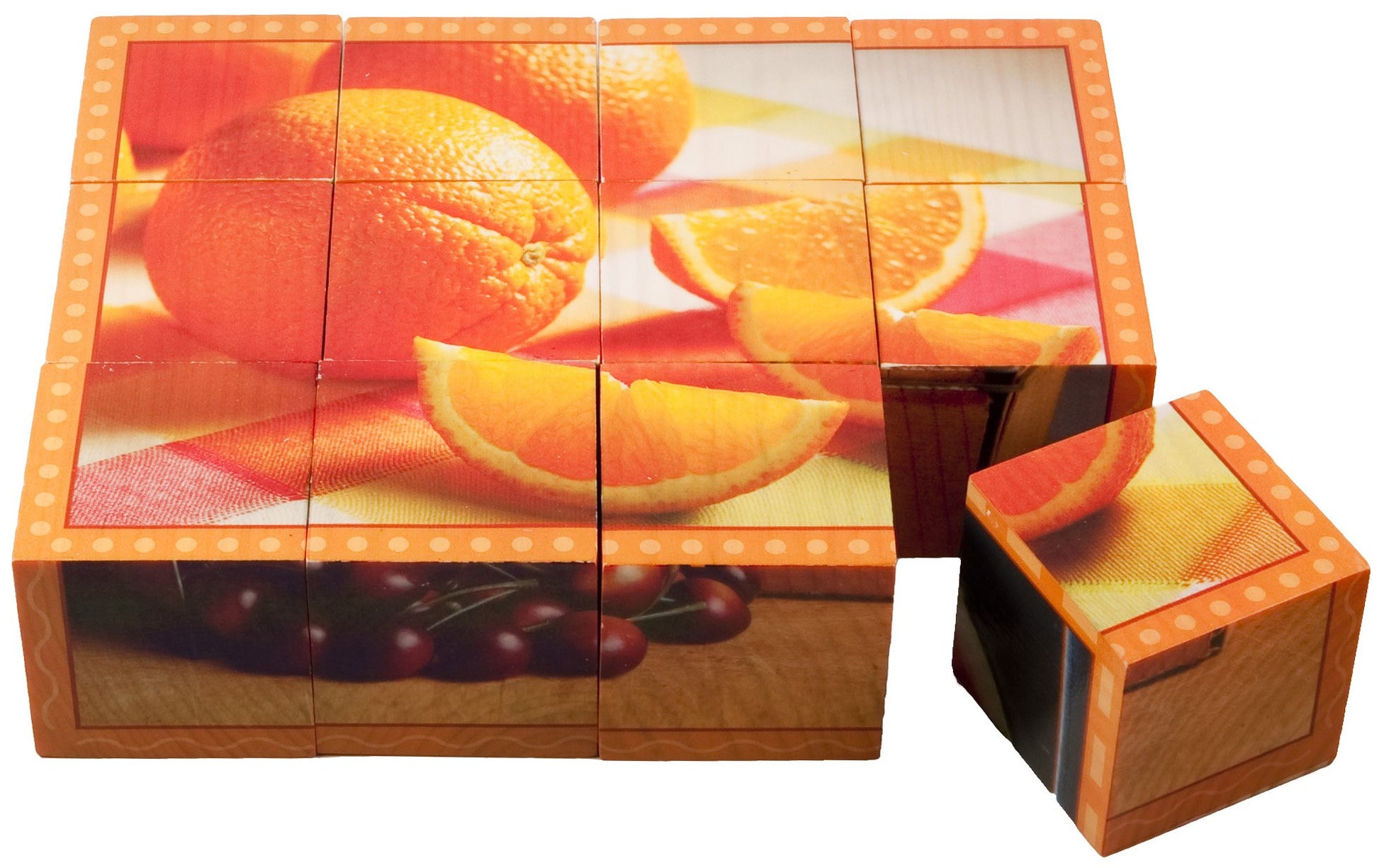 Stages Learning Real Picture Fruits Wooden Cube Language Builder Preschool Puzzle (12 Piece), Orange