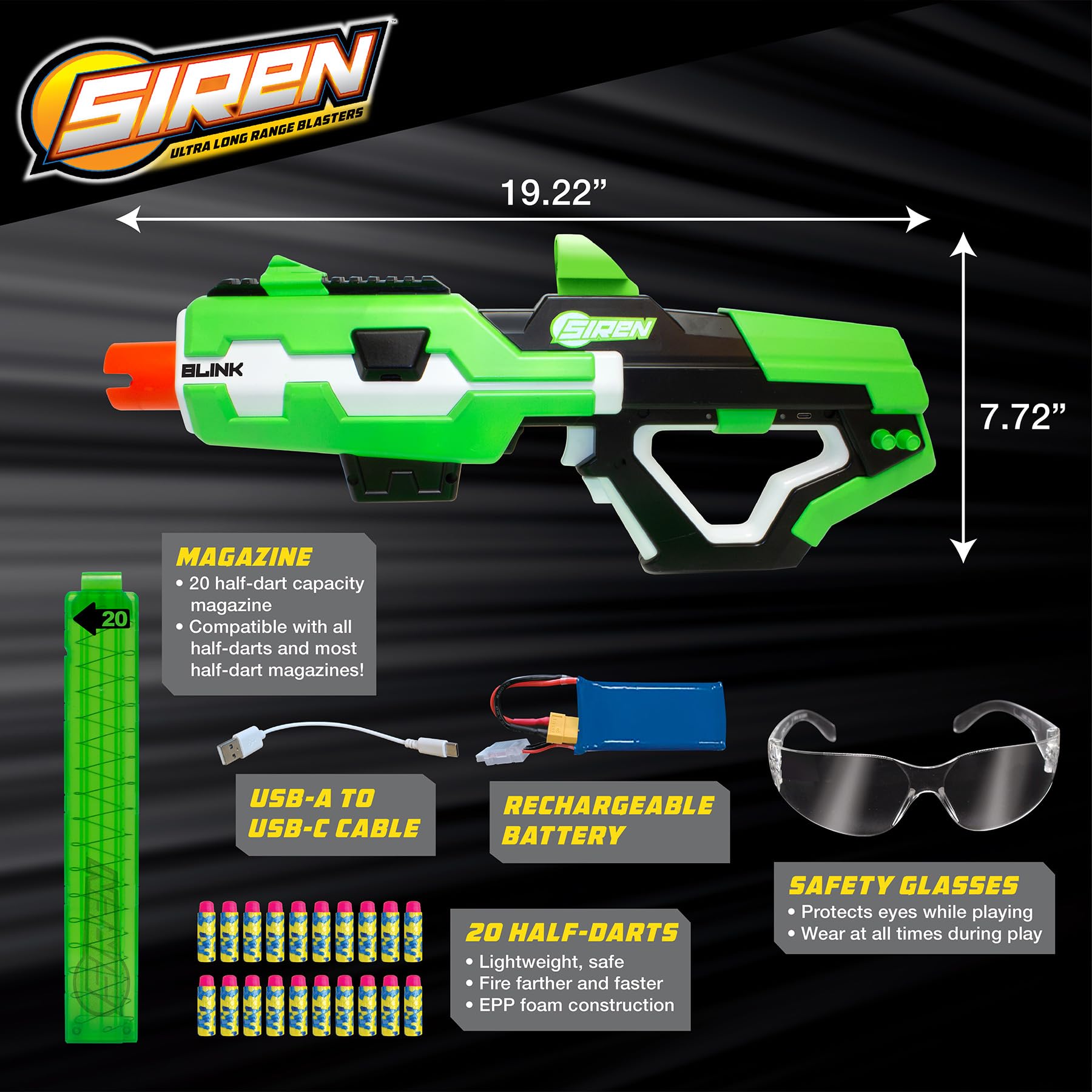 Siren Blasters Blink Motorized Rapid-Fire Ultra Long Range Foam Dart Blaster, Single Shot, Burst or Fully Auto Flywheel Launcher,190 Ft Range, 200