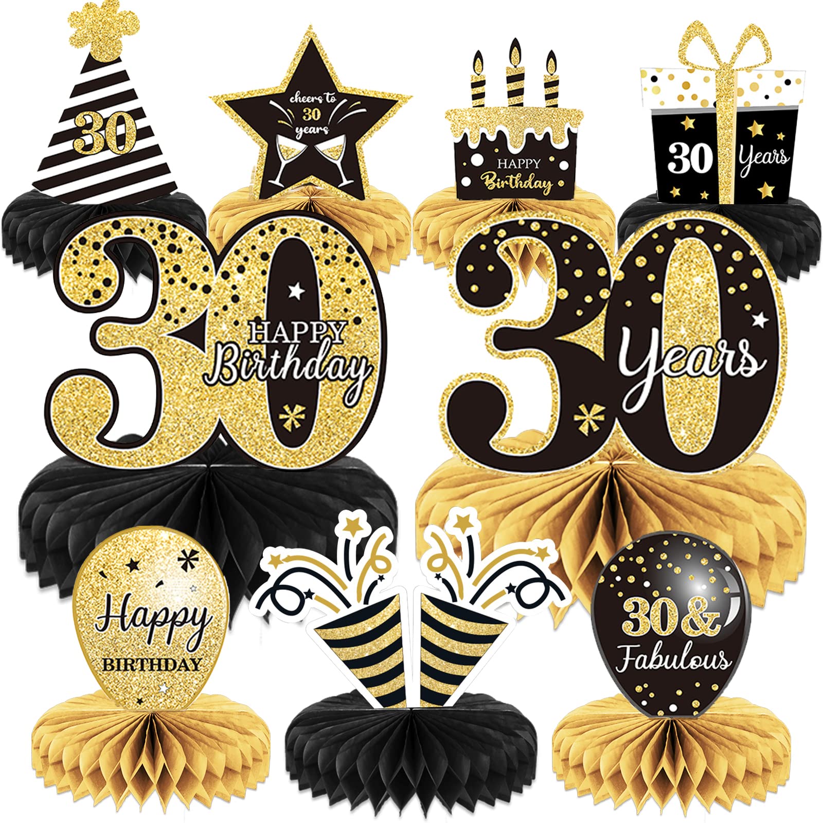 9 Pieces 30th Birthday Decoration 30 th Birthday Centerpieces for Tables Decorations Cheers to 30 Years Honeycomb Table Topper for Men and Women