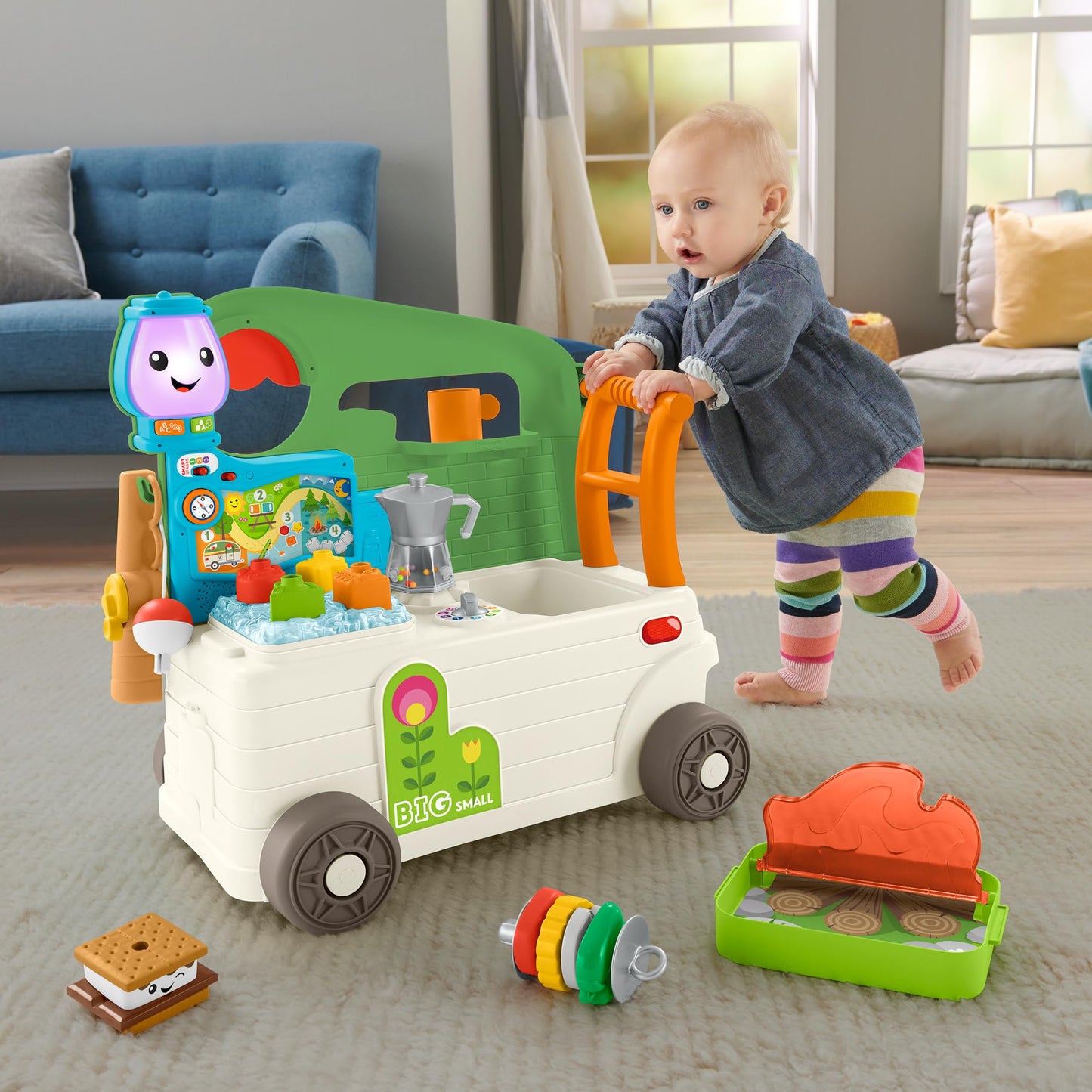 Fisher-Price Baby to Toddler Toy Laugh & Learn 3-in-1 On-the-Go Camper Walker & Activity Center with Smart Stages for Ages 9+ Months, Tan/Green