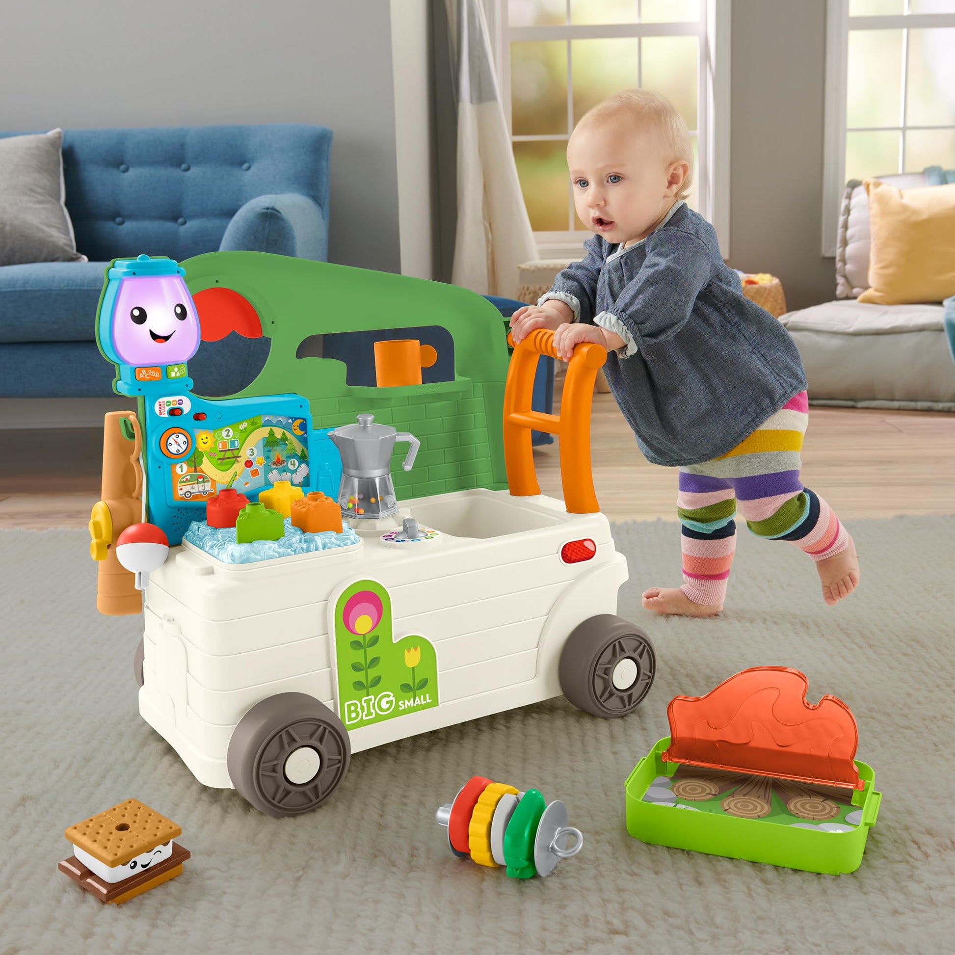 Fisher-Price Baby to Toddler Toy Laugh & Learn 3-in-1 On-the-Go Camper Walker & Activity Center with Smart Stages for Ages 9+ Months, Tan/Green