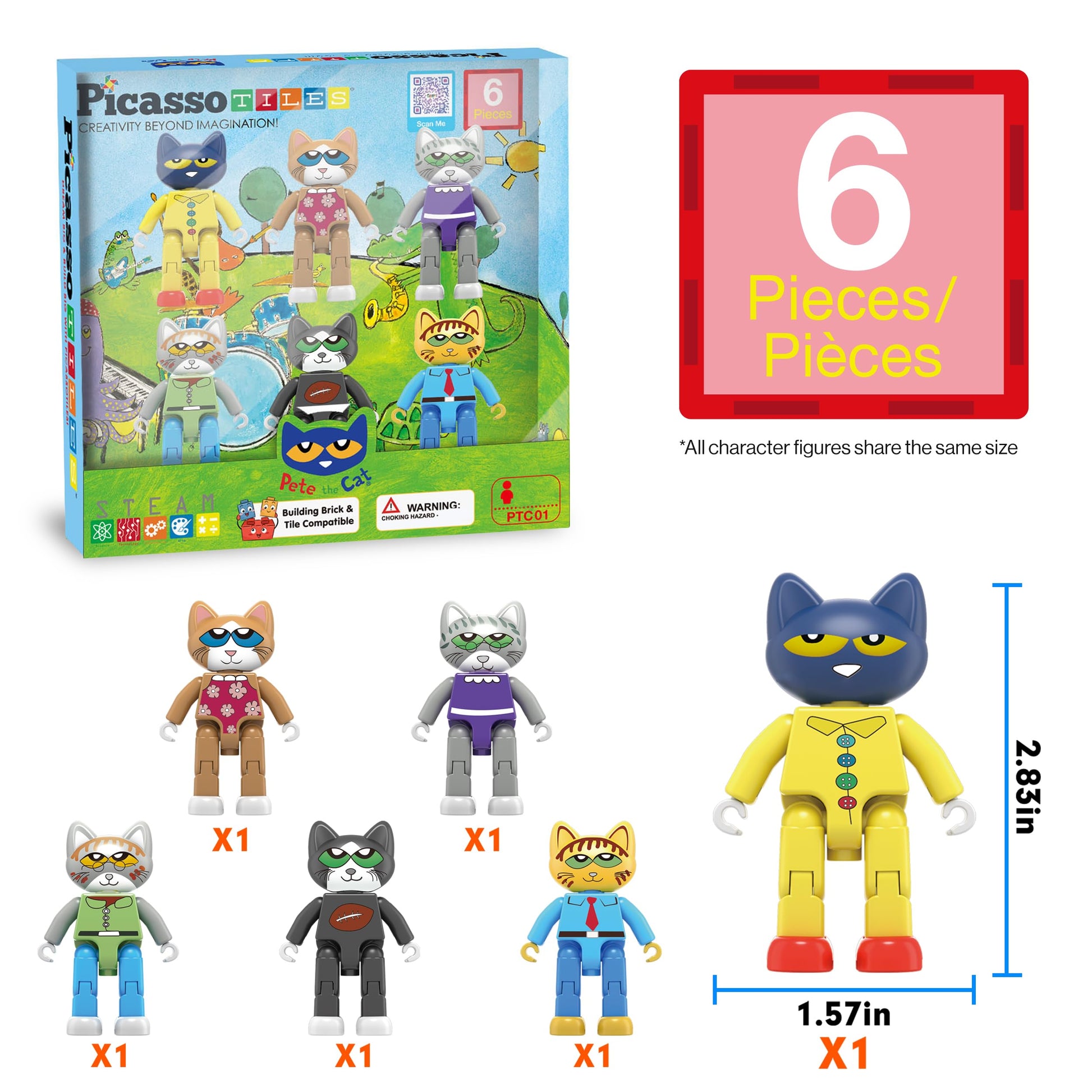 PicassoTiles 6pcs Pete the Cat Magnetic Figures Family Animal Action Character Toddler Toys Magnet Expansion Pack Building Blocks Add-on Educational