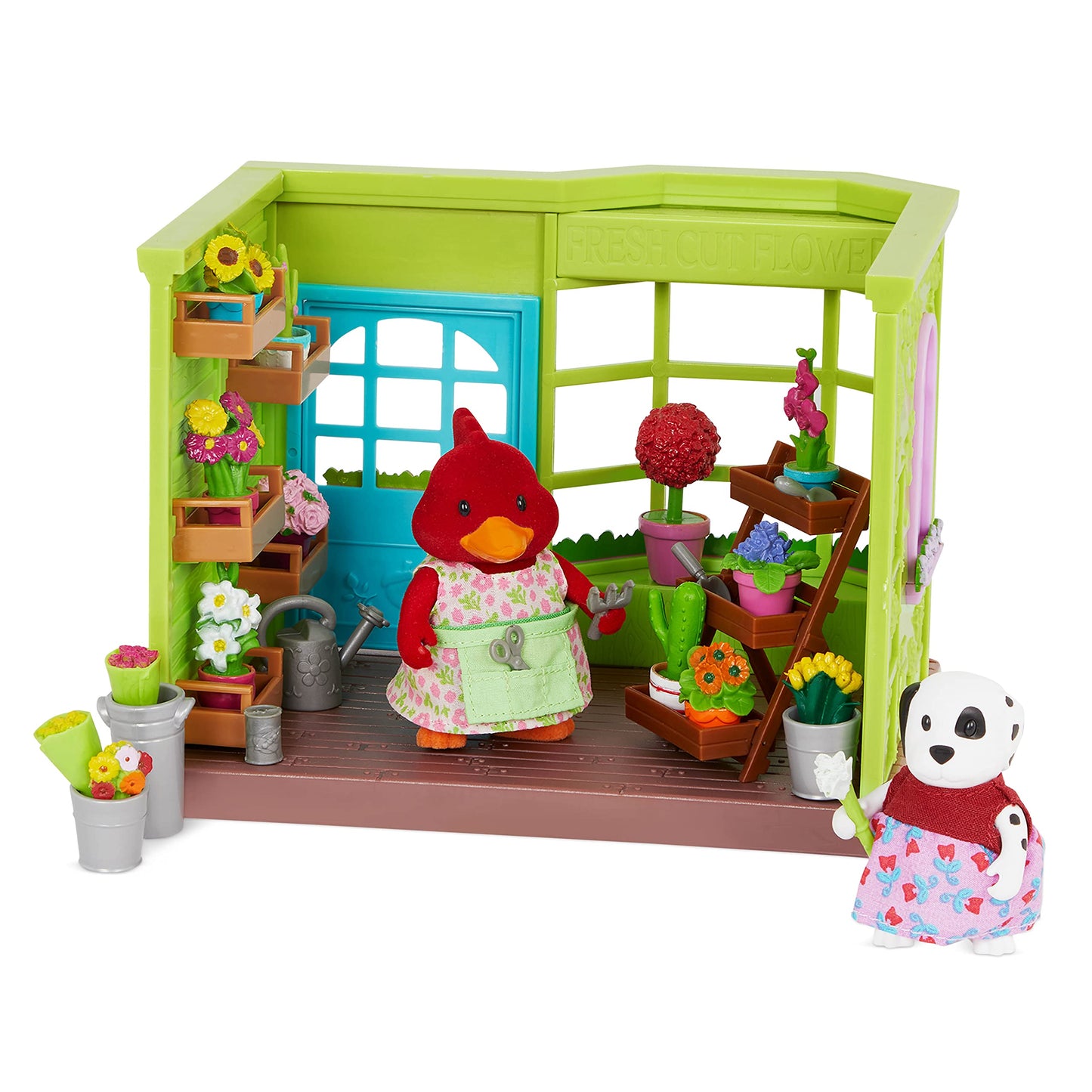 Li'l Woodzeez - Li'l Petals Flower Shop - 29 Pieces Dollhouse Playset with 2 Posable Figures & Storybook - Miniature Furniture & Accessories