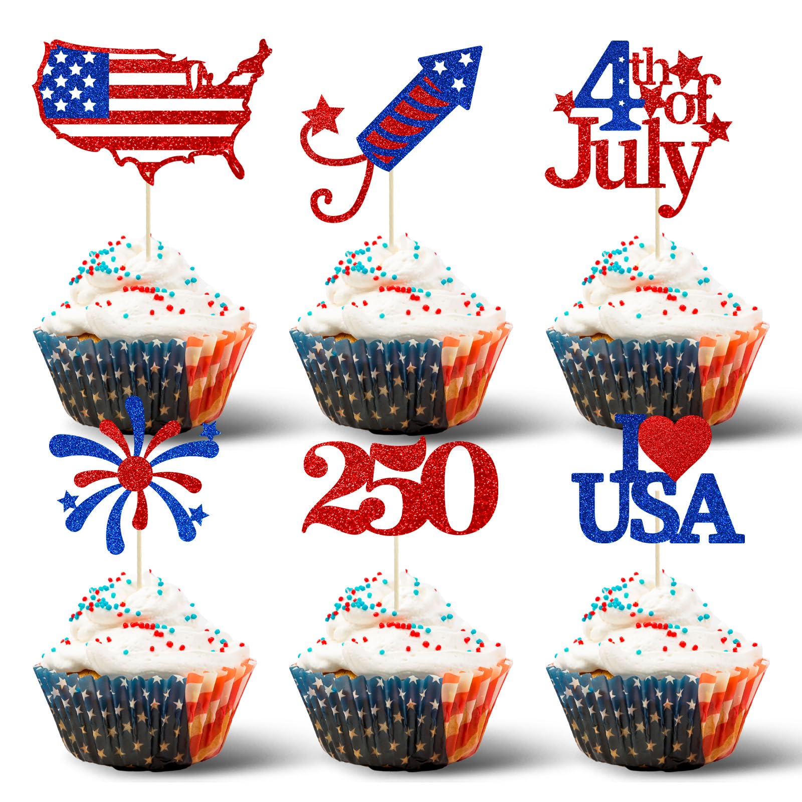 24Pcs Red Blue Stars Cupcake Toppers, 4th Of July Patriotic Independence Day Party Supplies Cake Dessert Ice Cream Toppers, Anniversary Patriotic