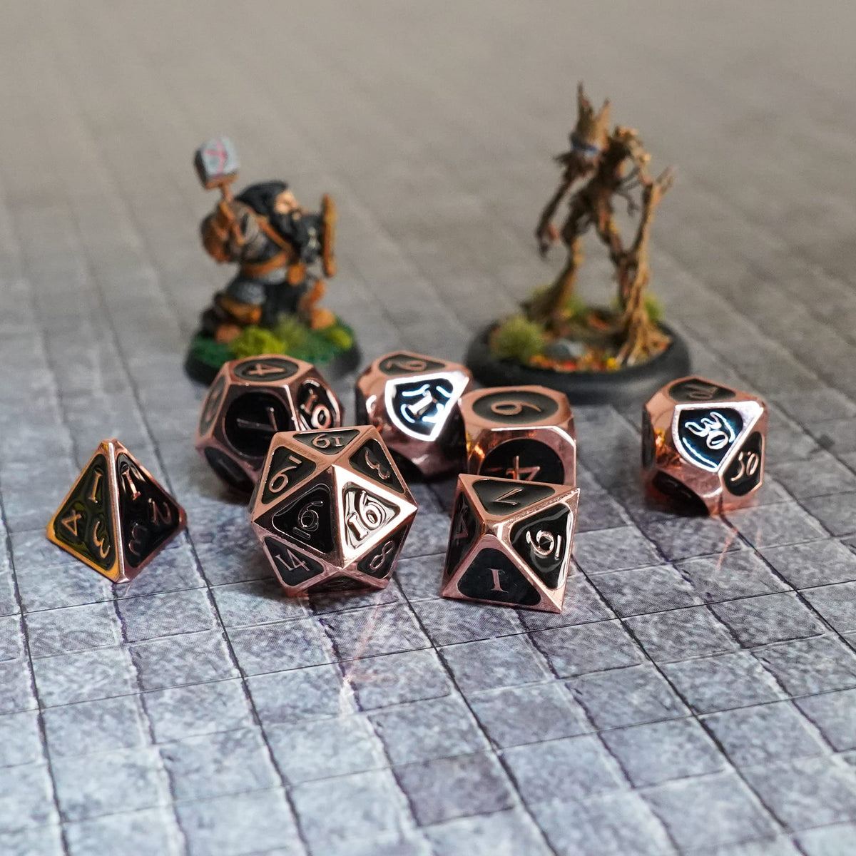 Antique Copper with Black Enamel 16mm Polyhedral Dice Set, Full Set