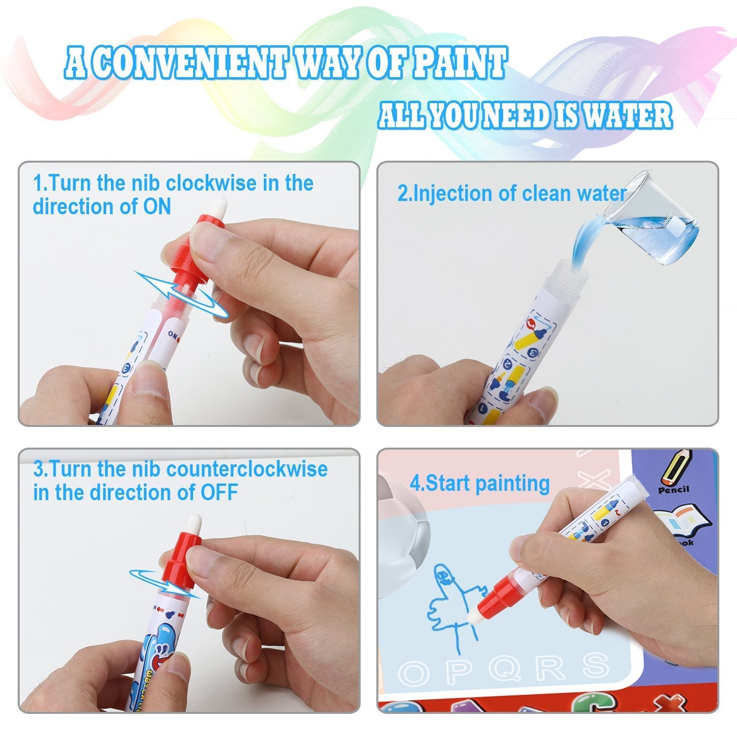 Alago Aqua Coloring Mat,Kids Toys Large Water Painting Mat,Toddlers Doodle Pad with 4 Colors,Gifts for Girls Boys Age 3 4 5+ Years Old,4 Pens,Drawing