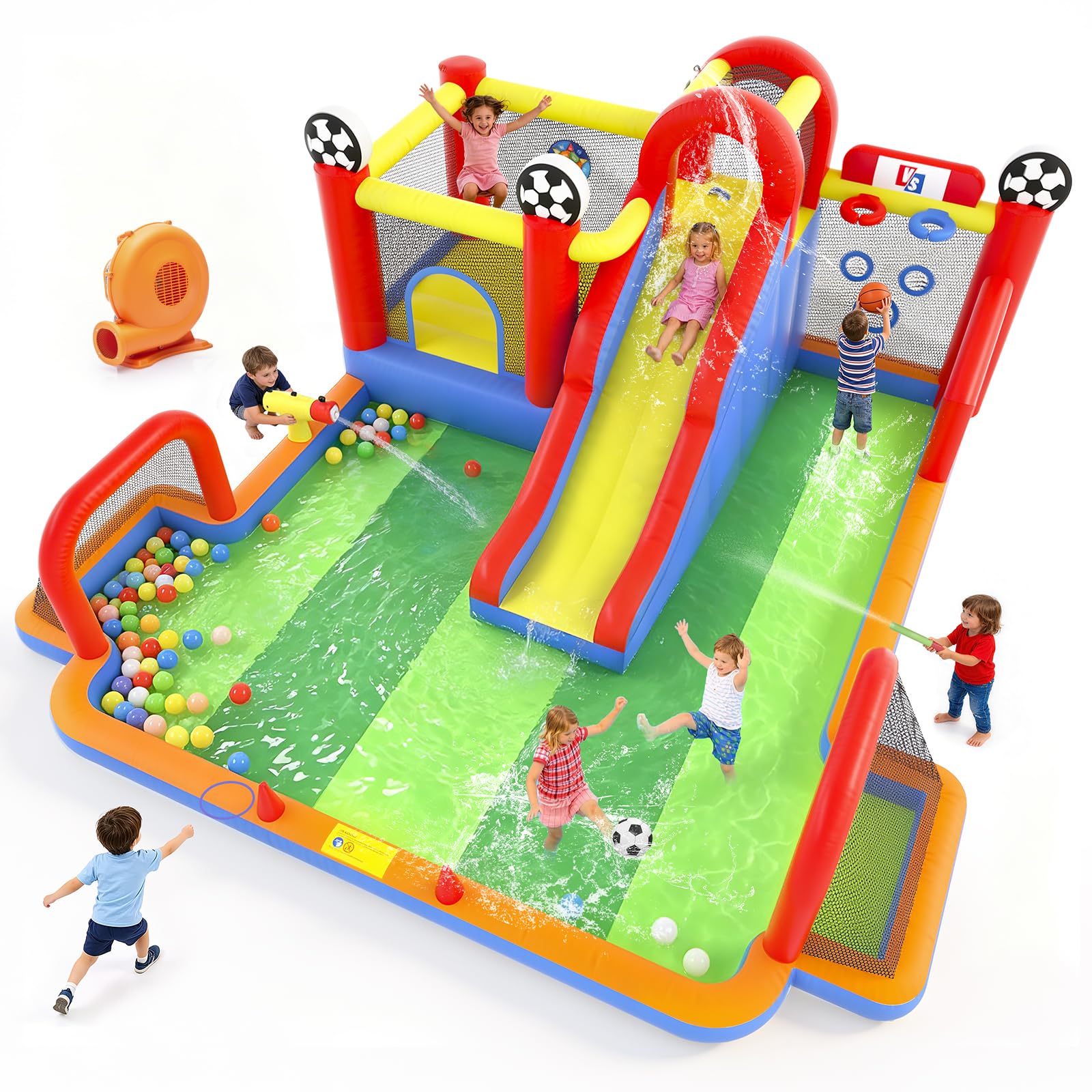 15.91x15.82FT Inflatable Bounce House with Water Slide for Kids 3-12, 11 in 1 Soccer Bounce House with Air Blower, Bouncy House with Slide, Climbing