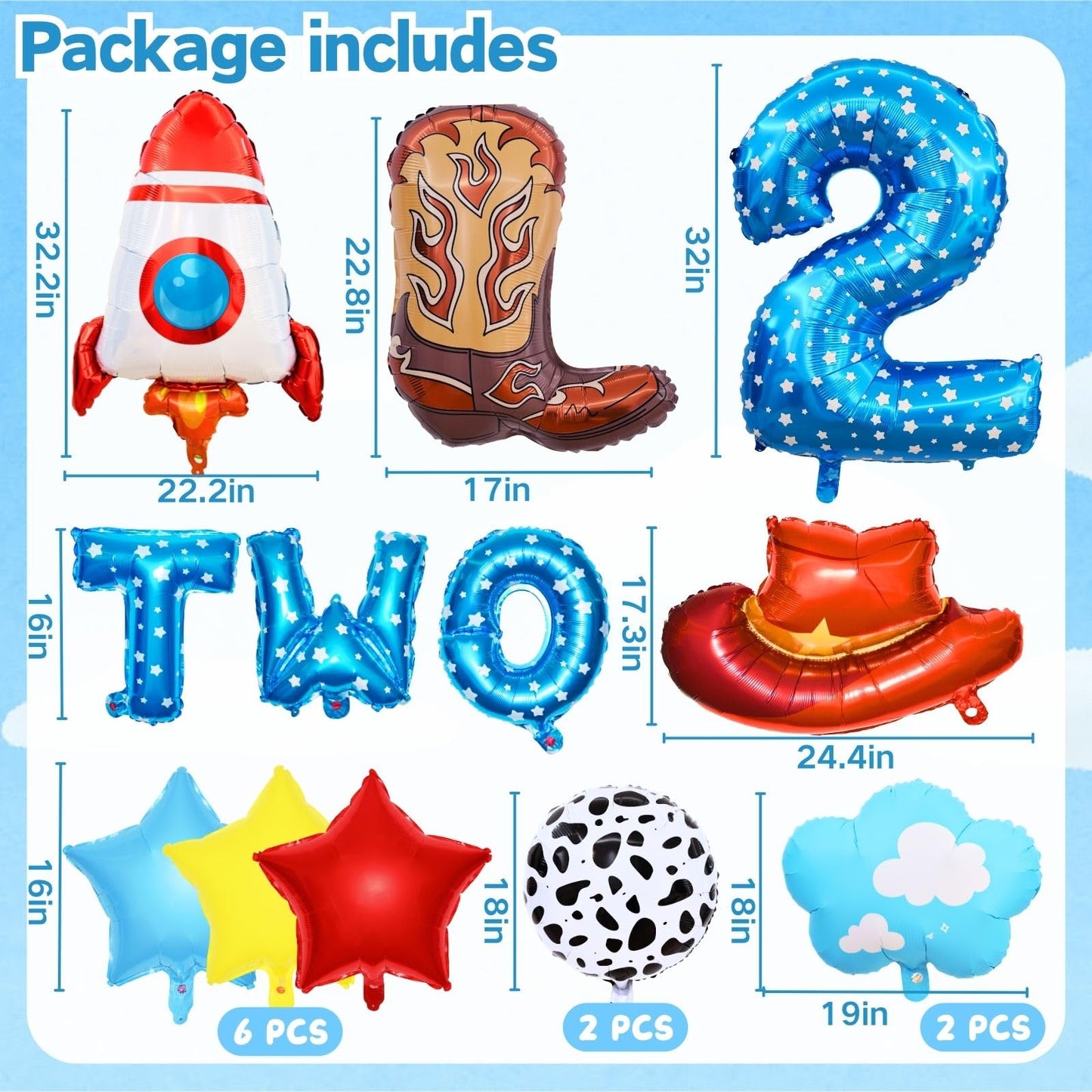 Toy Themed Story Birthday Decoration Balloon Set,Cartoon Style Birthday Rocket,Cowboy Hat,Boots,Clouds,Star Patterns, For kid Party Supply (2nd-Two